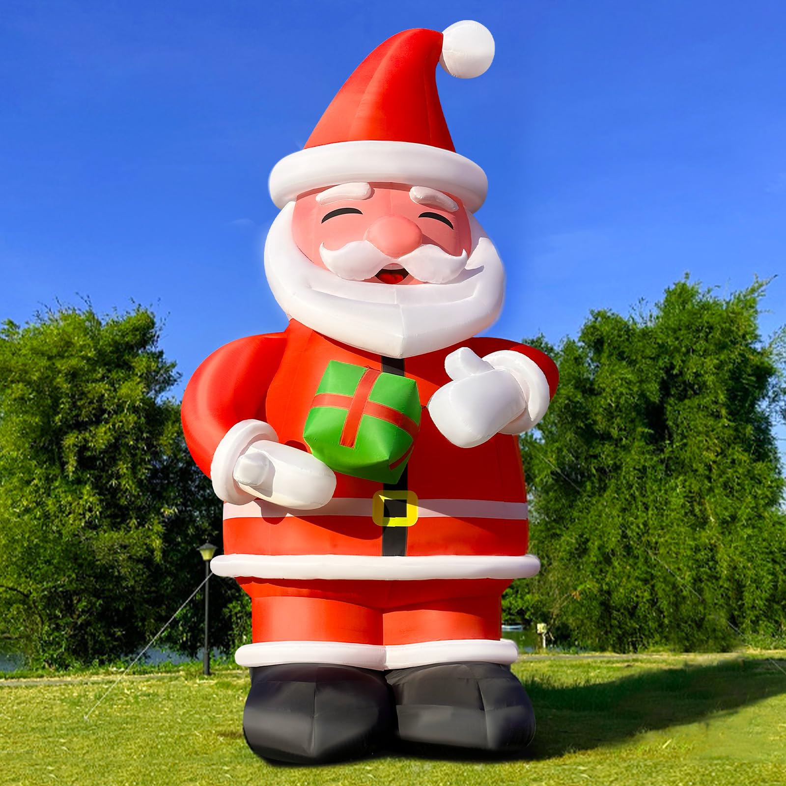 27Ft Tall Inflatable Santa Claus Holding Gift Box Giant Christmas Yard Decoration