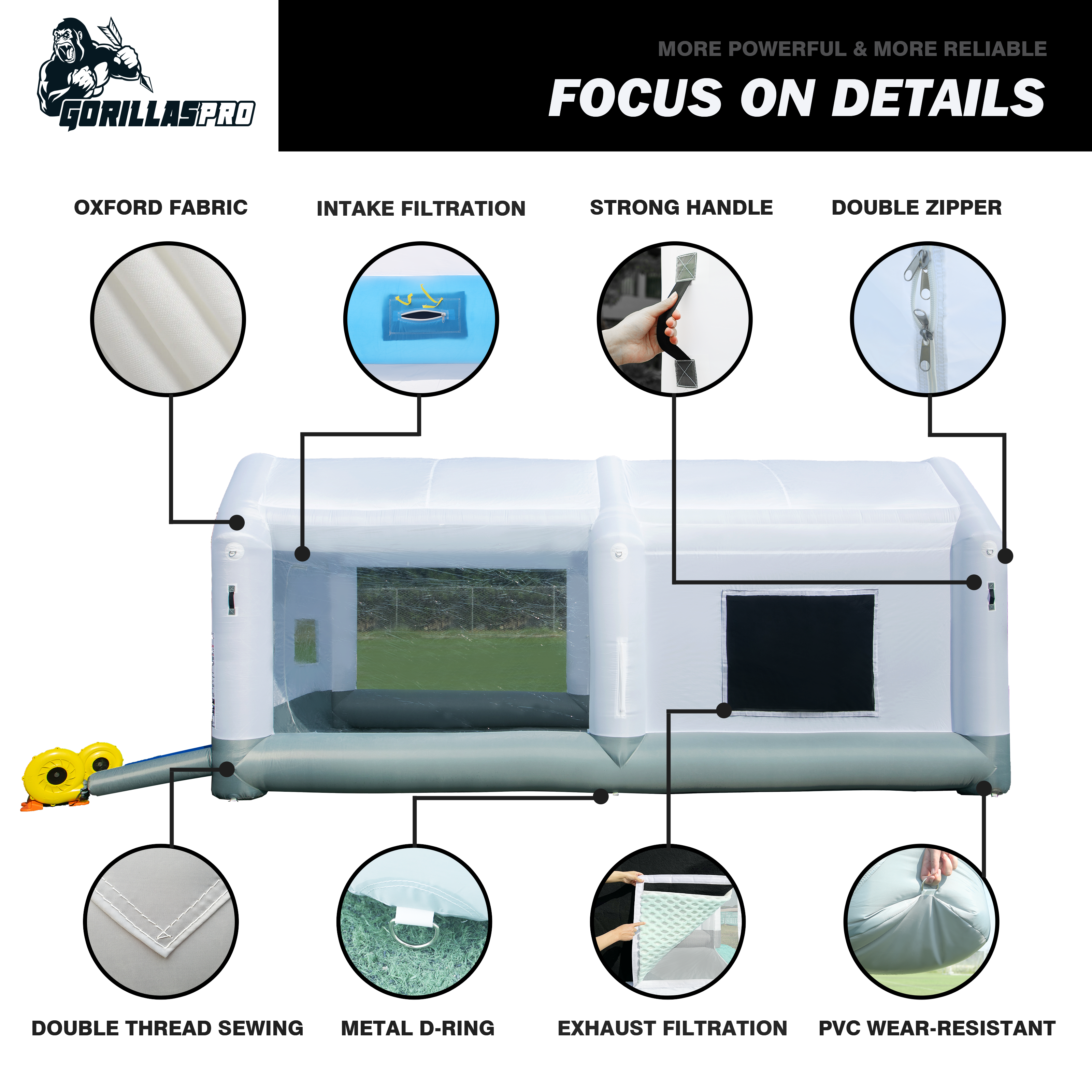 GORILLASPRO Inflatable Paint Booth 16.5x10x8Ft with 950W+480W Blower, Upgrade Air Filter System More Durable Portable Spray Painting Tent
