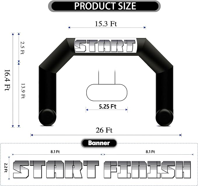 26Ft Inflatable Arch with Start Finish Banner and T-Shaped Base for Races and Events