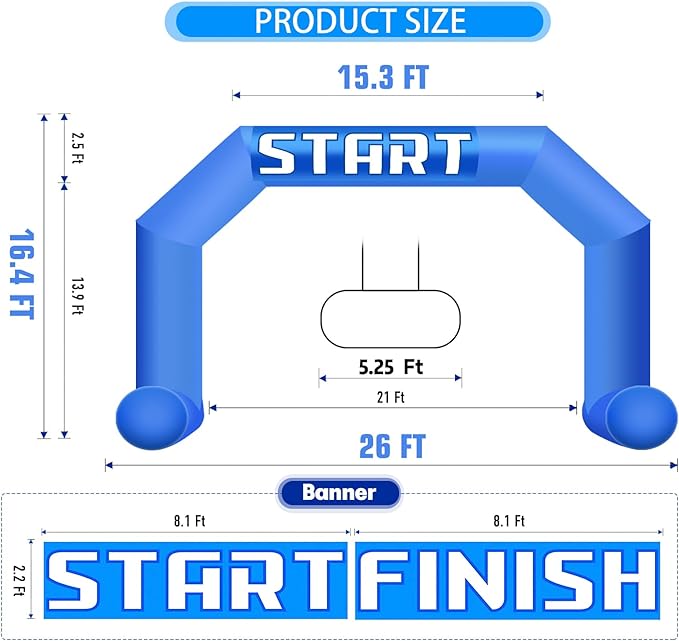 26Ft Inflatable Arch with Start Finish Banner and T-Shaped Base for Races and Events