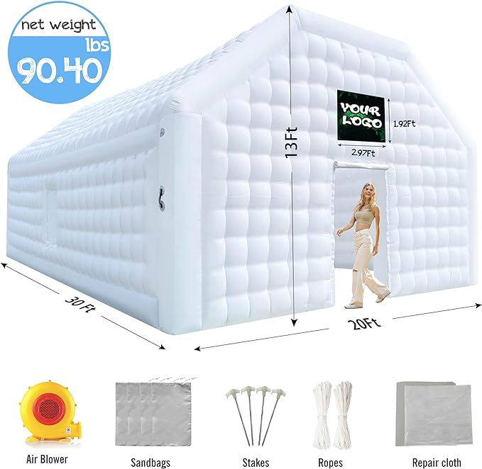 Outdoor Large 30x20x13Ft White Inflatable Night Club Disco Cube Gazebo Event House Portable Inflatable Party Tent for Parties, Shows, Events, and Commercial Use