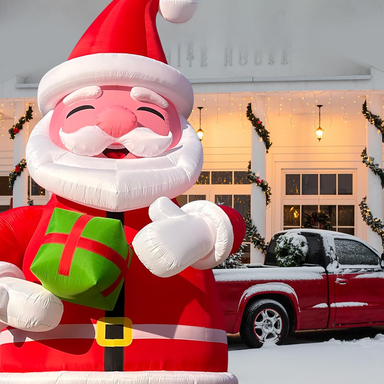 14.5Ft Tall Inflatable Santa Claus Holding Gift Blow Up Yard Décor for Holiday Patio Lawn