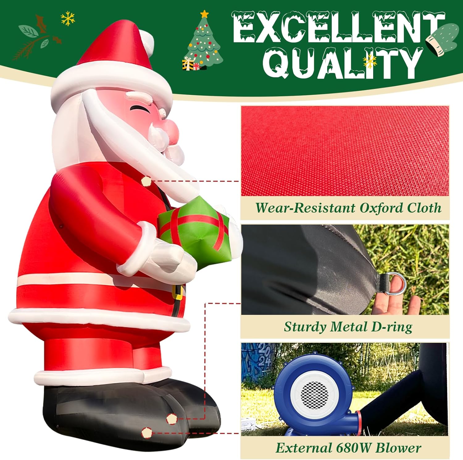 27Ft Inflatable Santa Holding Gift Box with Blower Included  – Giant Christmas Yard Decoration