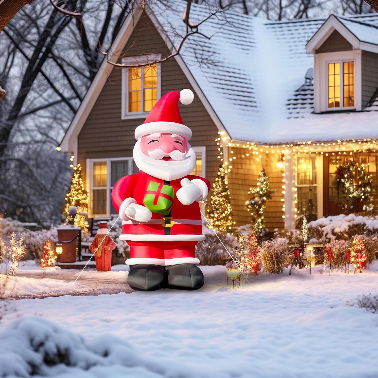 14.5Ft Tall Inflatable Santa Claus Holding Gift Blow Up Yard Décor for Holiday Patio Lawn