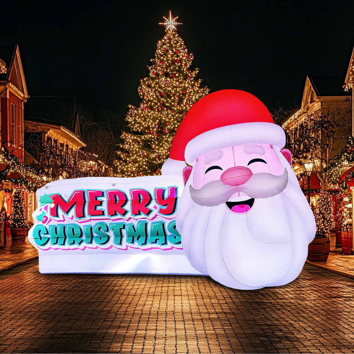 Outdoor Inflatable Santa Billboard Giant 21Ft Wide with Built-In Color-Changing LED Lights