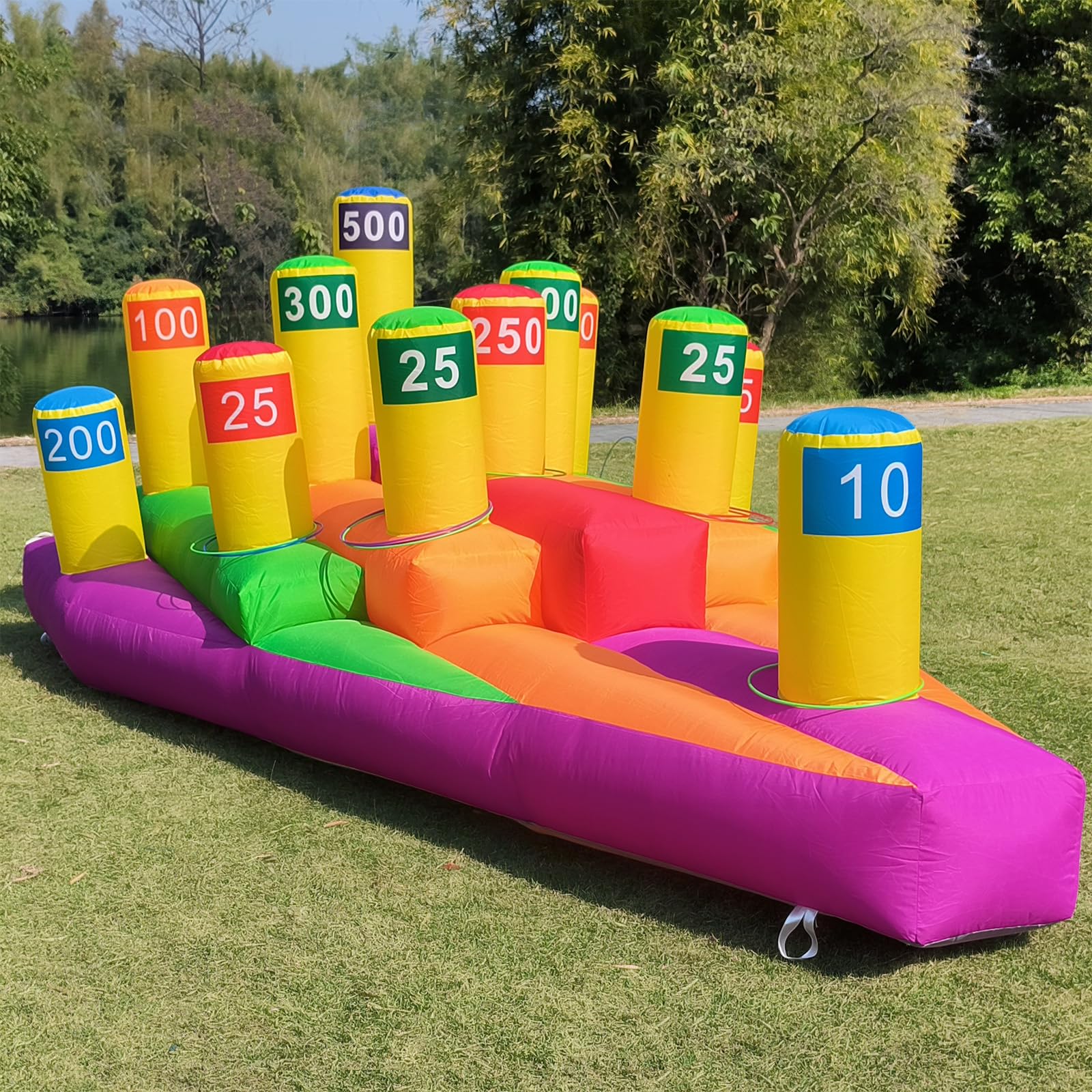 12-Peg Triangular Inflatable Ring Toss - Interactive Scoring Game with 10 Toss Rings
