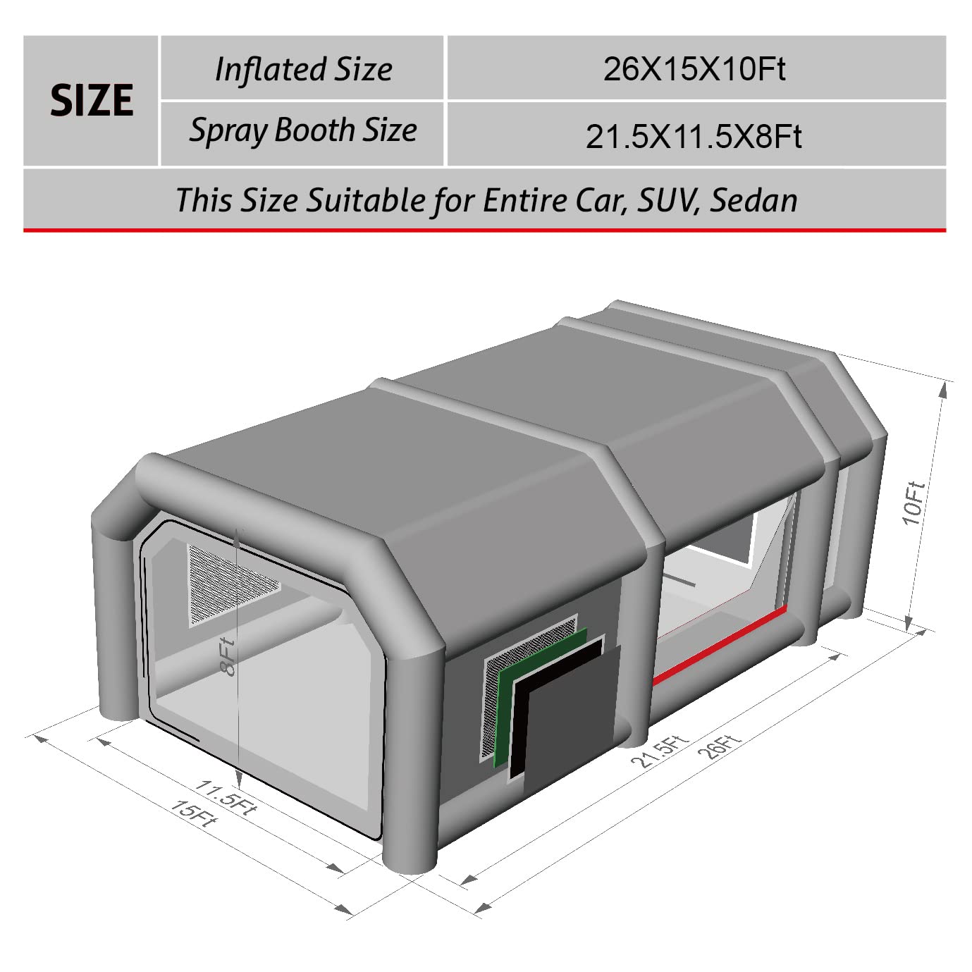 TKLoop Portable Inflatable Paint Booth 26x15x10Ft with 2 Blowers Inflatable Spray Booth with Air Filter System, Blow Up Spray Booth Tent (950W+750W)