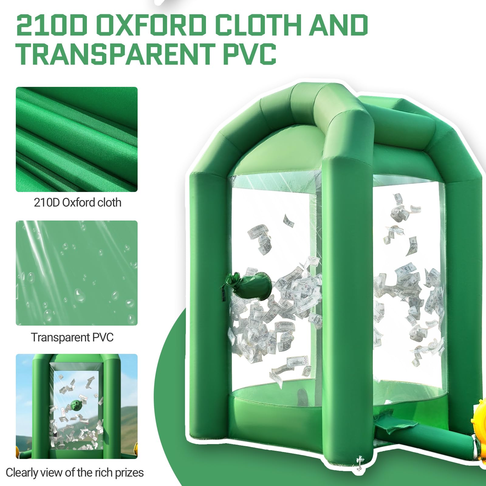 Inflatable Cash Cube Booth 5.2x5.2x8.2FT with Built-in Blower,Inflatable Money Grab Machine Booth for Party Business Advertising Promotions