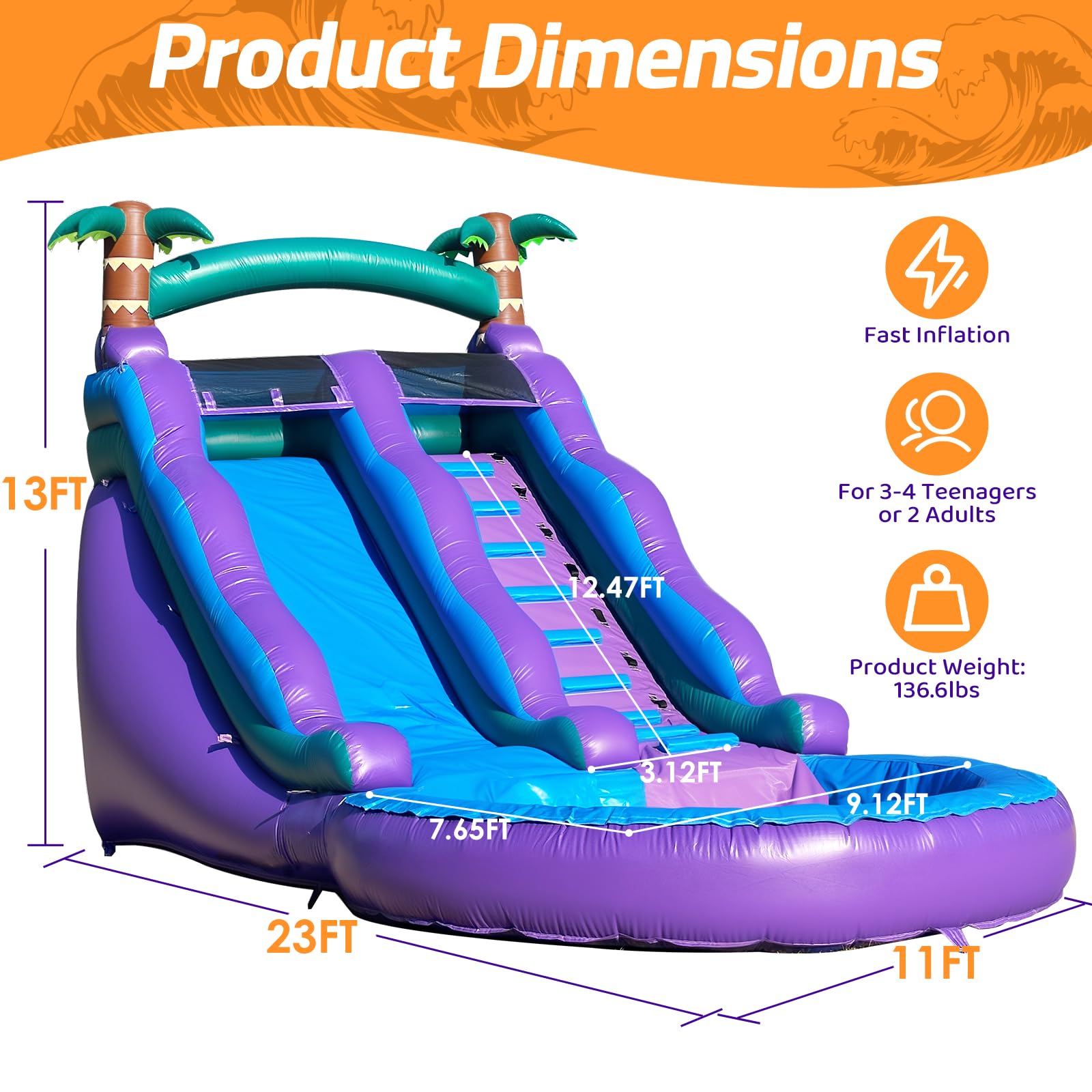 Inflatable Water Slide Purple Commercial Grade PVC with Detachable Slide Climbing Ladder and Pool, Giant Inflatable Wet Dry Use