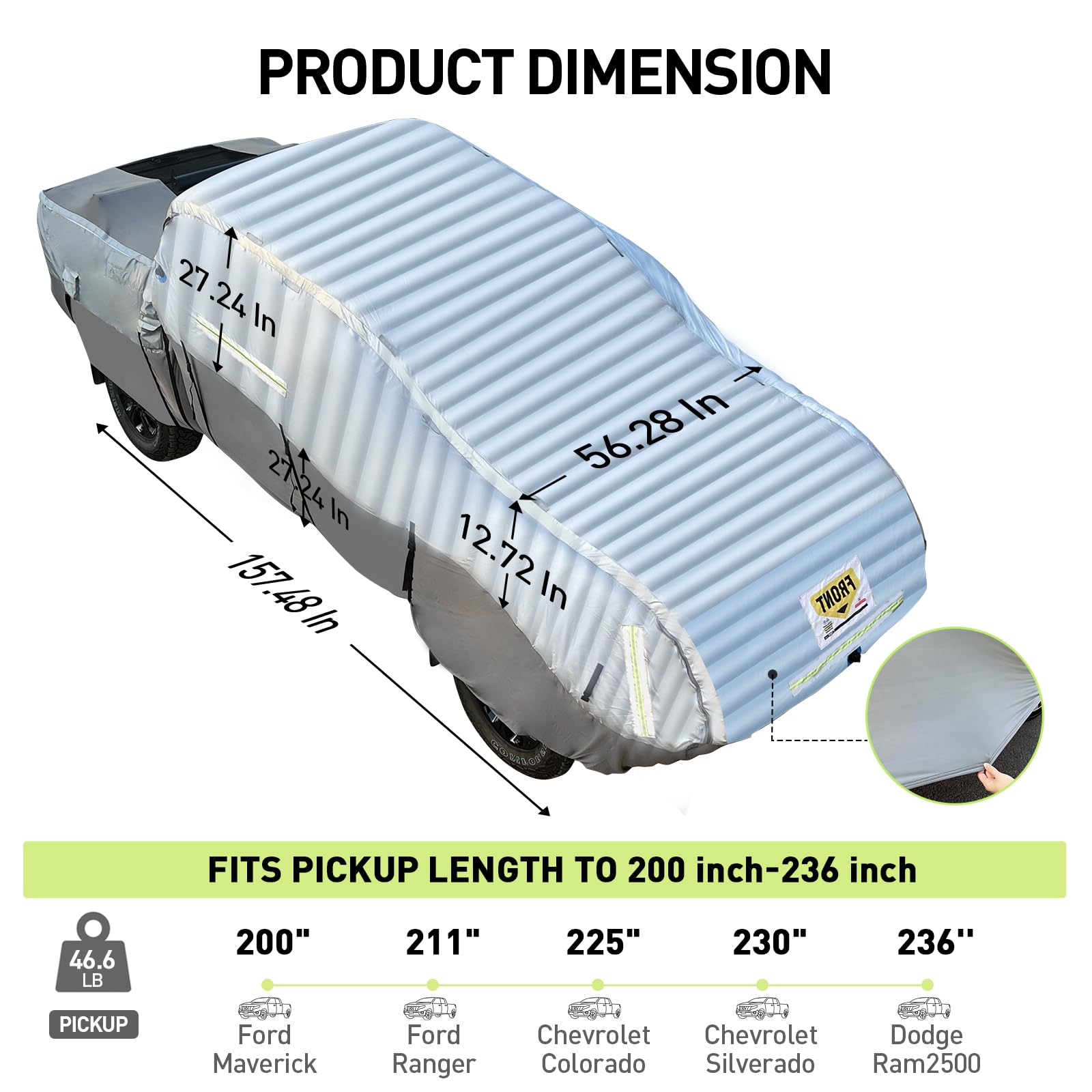WARSUN Car Cover Hail Protection for Pickup Trucks with Length Between 200"-236'', Anti-Hail Full Cover With Airtight PVC Inner & Air Pump