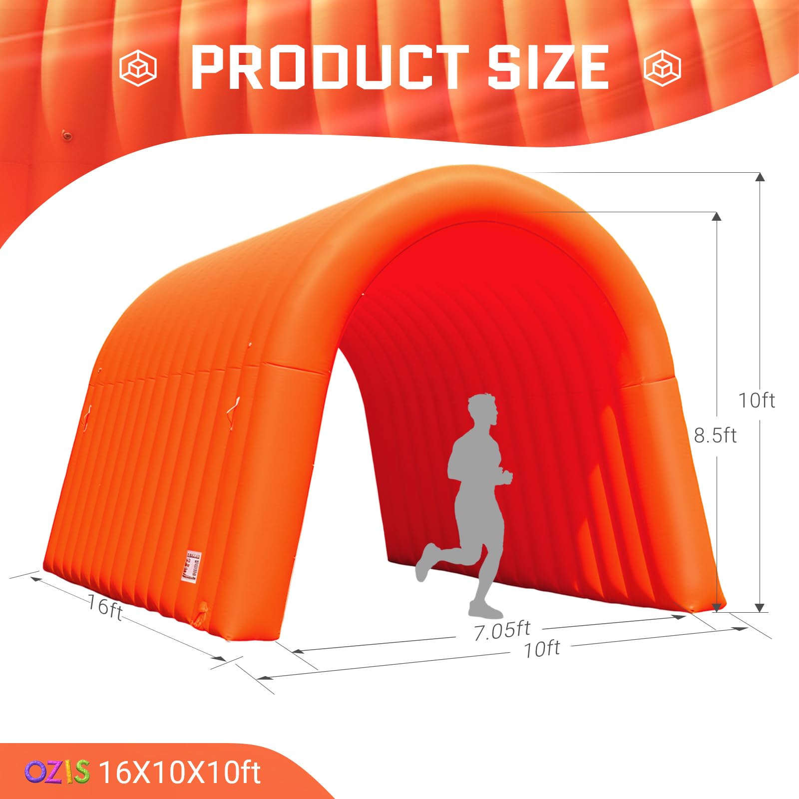 OZIS Inflatable Tunnel Sports Tunnel Entrance with Installed Blower Orange 16x10x10ft
