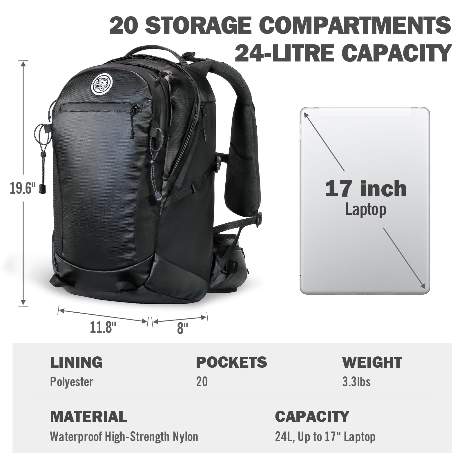 24L Travel Backpack with 17 Inch Laptop Sleeve Waterproof Daypack