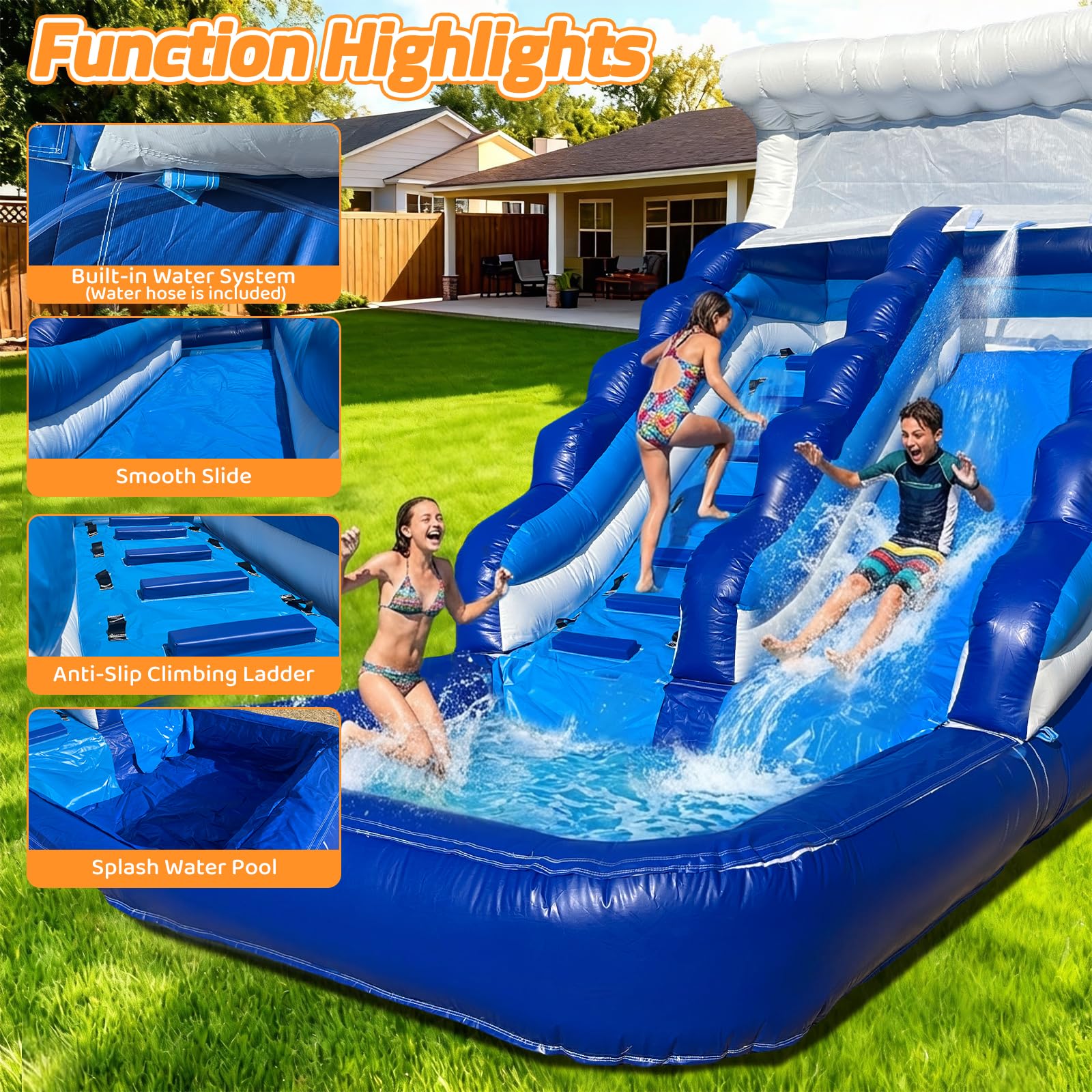 Inflatable Water Slide Commercial Grade PVC with Detachable Slide Climbing Ladder and Pool, Giant Inflatable Wet Dry Use