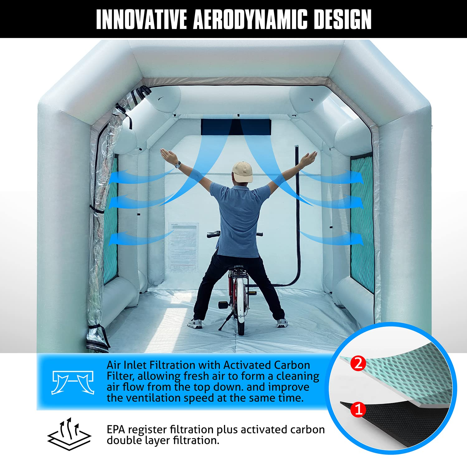 WARSUN 14x10x8.5Ft Inflatable Paint Booth with Oversized&Double Air Filters System Inflatable Spray Booth with 480W+240W Blowers Portable Spray Paint Booth Tent for Auto Parts