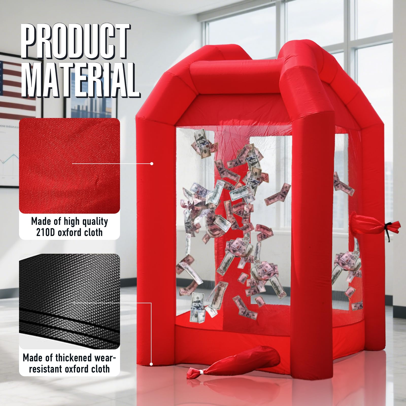 Inflatable Cash Cube Booth 5.2x5.2x8.2FT with Built-in Blower,Inflatable Money Grab Machine Booth for Party Business Advertising Promotions
