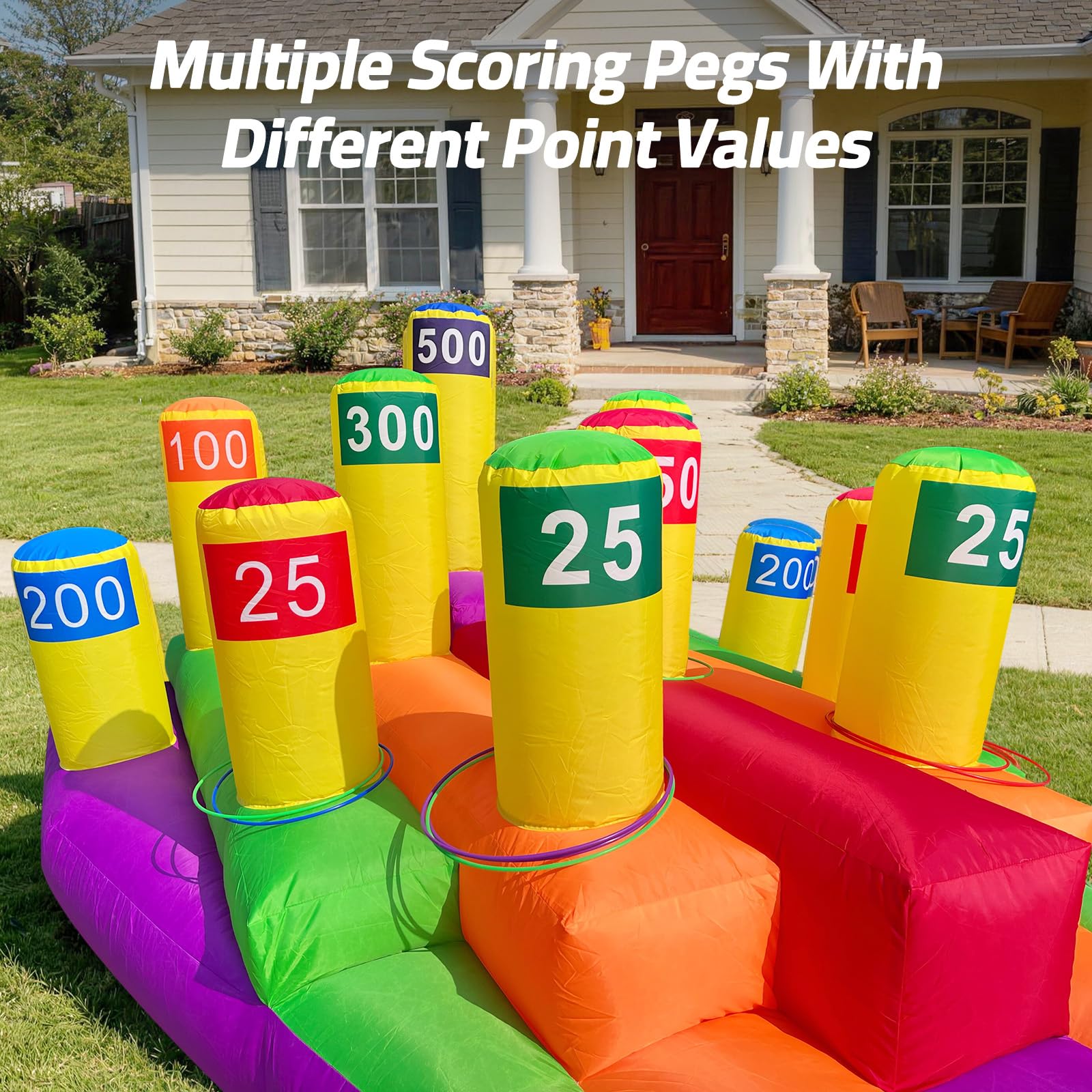 12-Peg Triangular Inflatable Ring Toss - Interactive Scoring Game with 10 Toss Rings