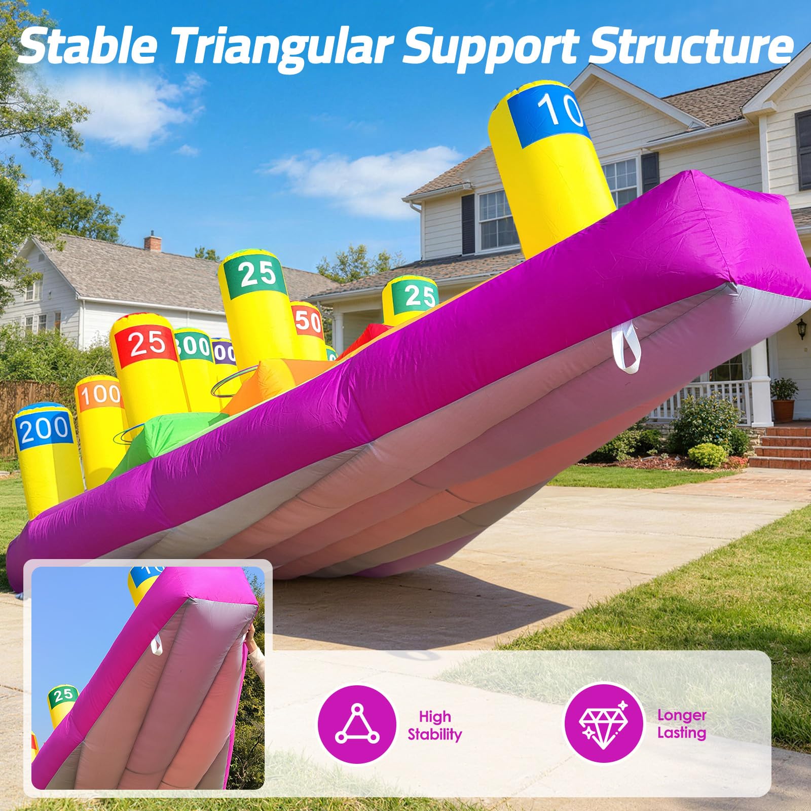 12-Peg Triangular Inflatable Ring Toss - Interactive Scoring Game with 10 Toss Rings