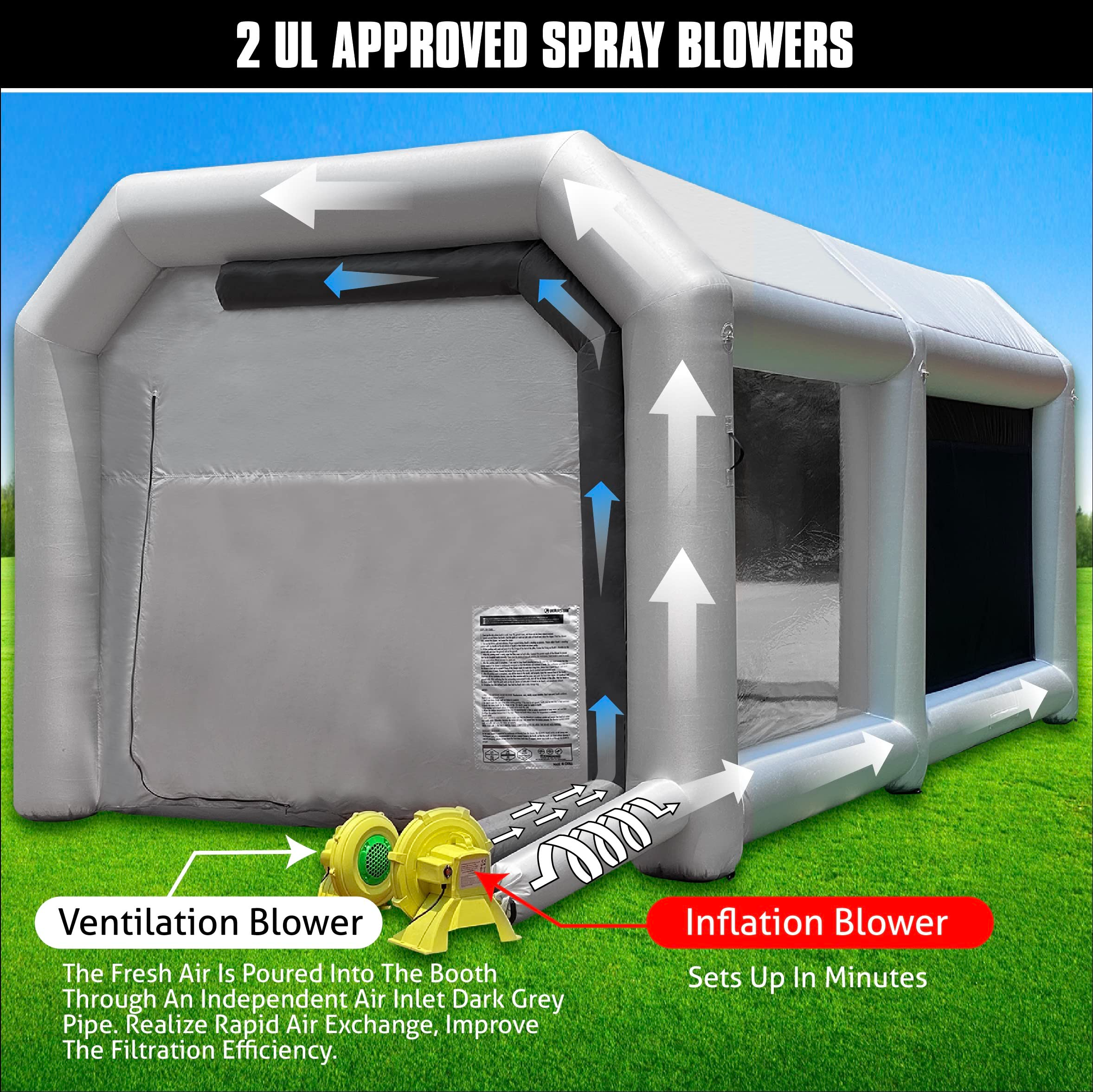 WARSUN 14x10x8.5Ft Inflatable Paint Booth with Oversized&Double Air Filters System Inflatable Spray Booth with 480W+240W Blowers Portable Spray Paint Booth Tent for Auto Parts