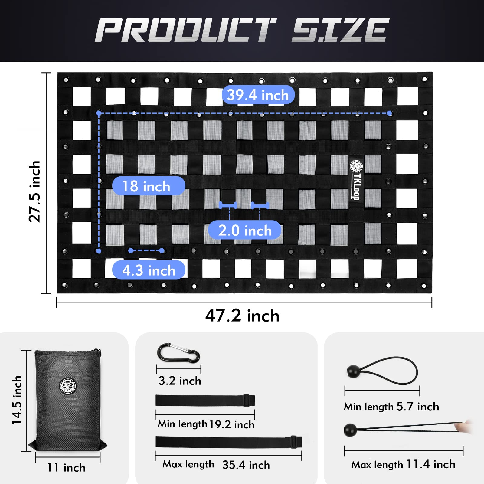 TKLoop Heavy Duty Cargo Net 3' x 4.6' with Cam Buckles & Elastic Ropes for Pickup Truck Bed,SUV