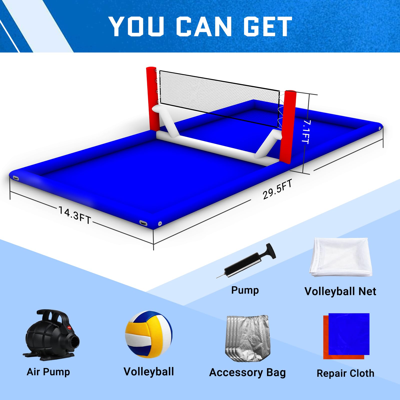 Inflatable Volleyball Court 30Ft with Air Pump & Volleyball, Commercial Grade PVC Volleyball Pool Field