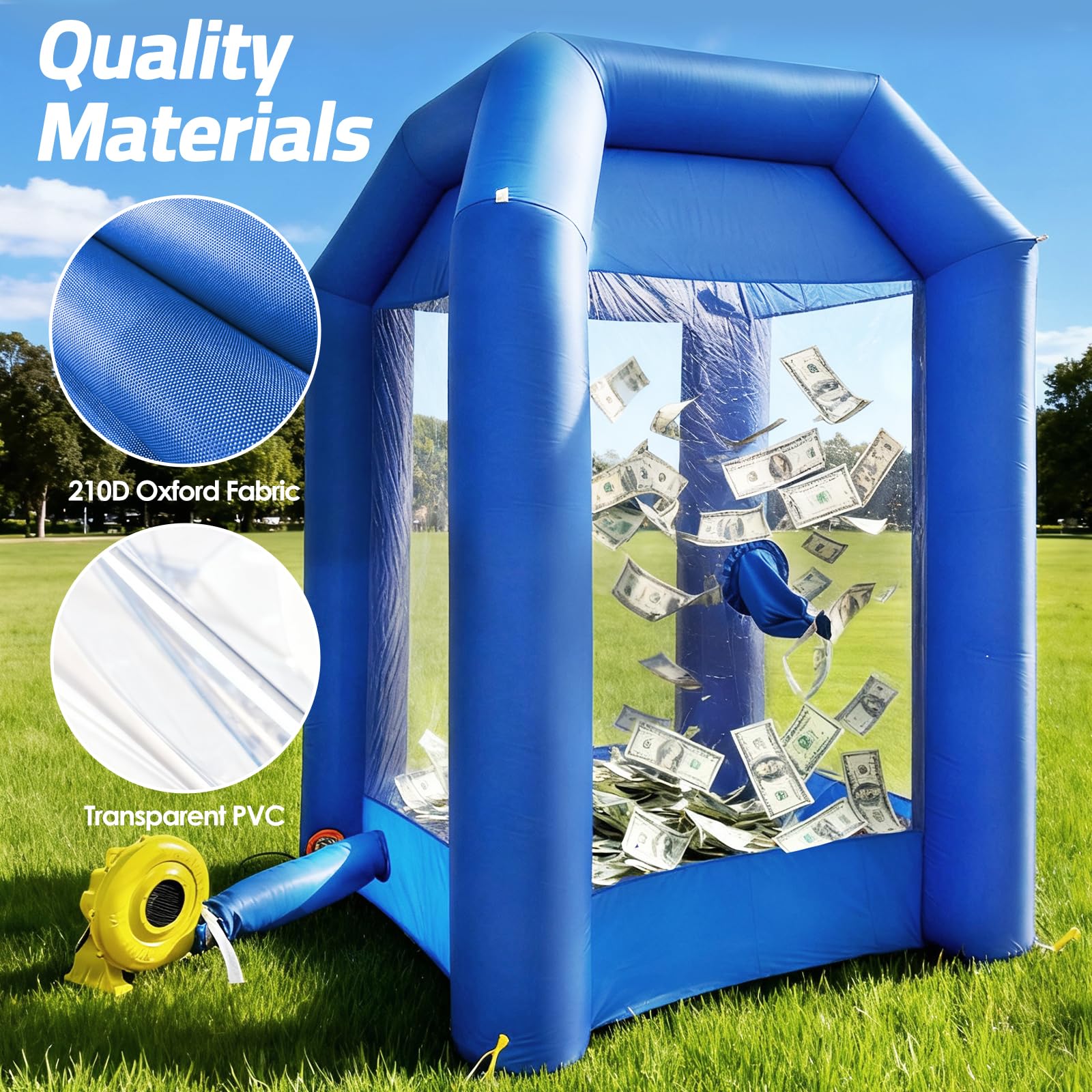 Inflatable Money Blowing Booth 5.2x5.2x8.2FT with 2 Blowers Cash Cube Game for Events