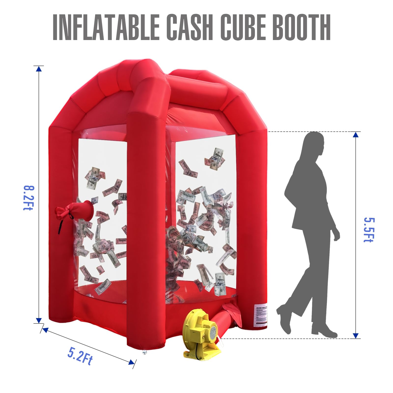 Inflatable Cash Cube Booth 5.2x5.2x8.2FT with Built-in Blower,Inflatable Money Grab Machine Booth for Party Business Advertising Promotions