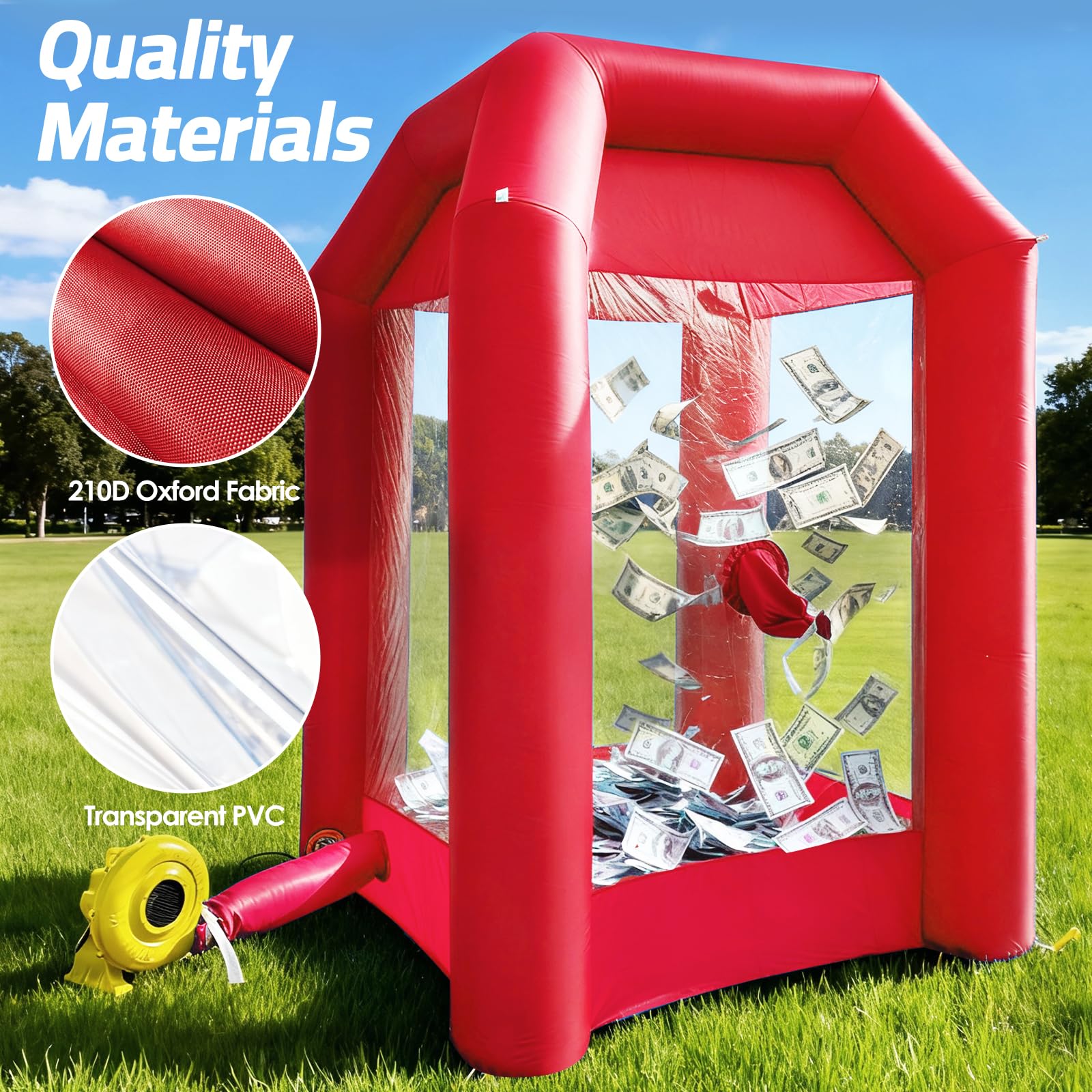 Inflatable Money Blowing Booth 5.2x5.2x8.2FT with 2 Blowers Cash Cube Game for Events