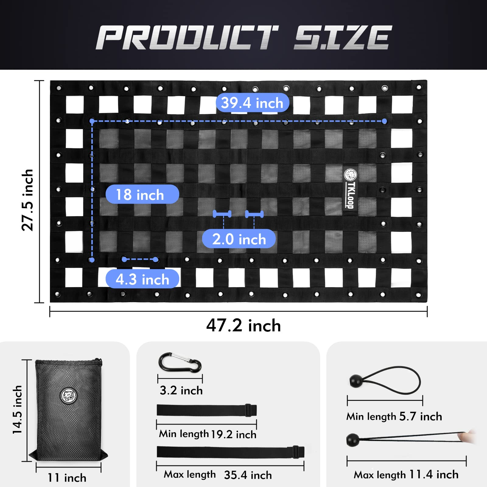 TKLoop Heavy Duty Cargo Net 2.3' x 3.9' with Cam Buckles & Elastic Ropes for Pickup Truck Bed,SUV