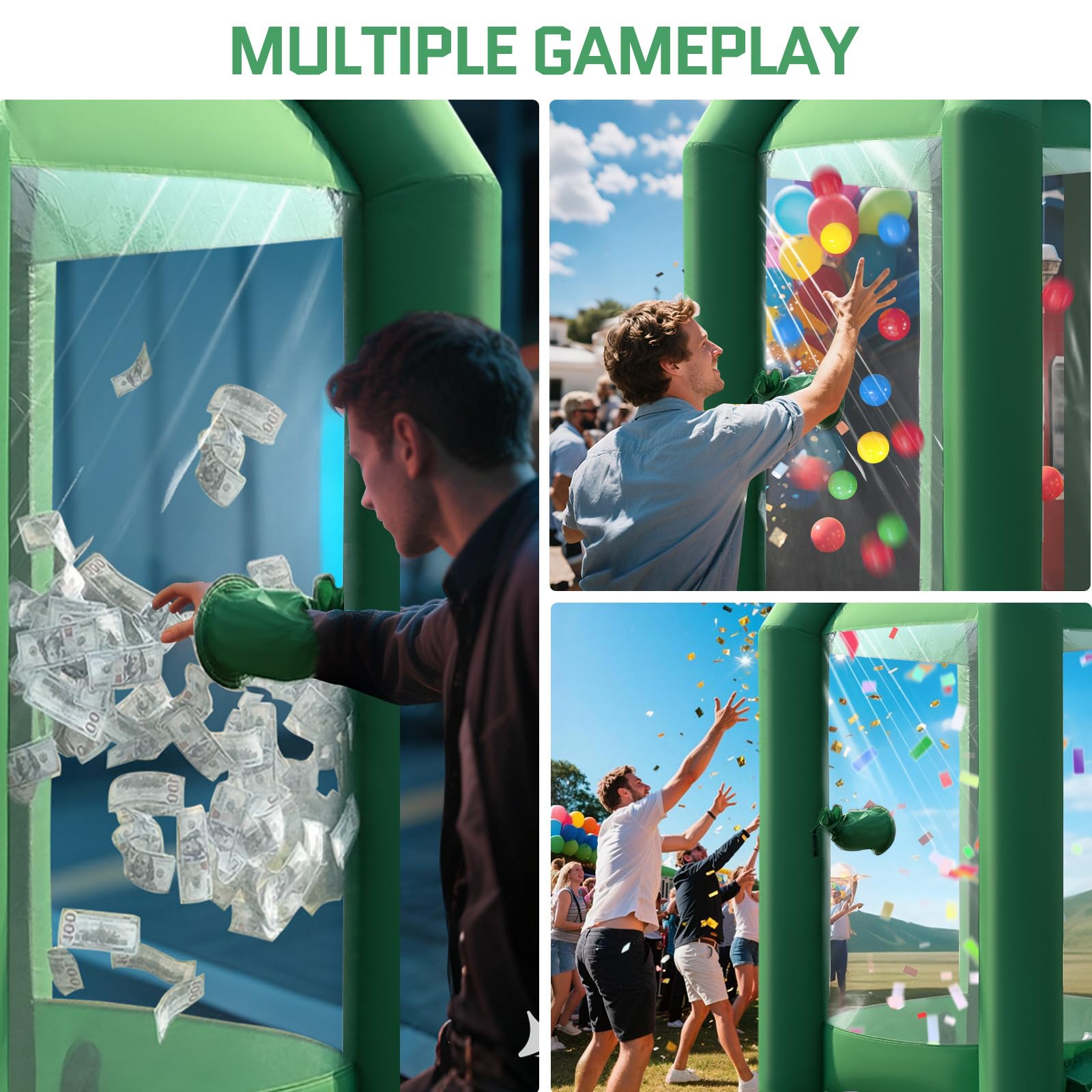 Inflatable Cash Cube Booth 5.2x5.2x8.2FT with Built-in Blower,Inflatable Money Grab Machine Booth for Party Business Advertising Promotions