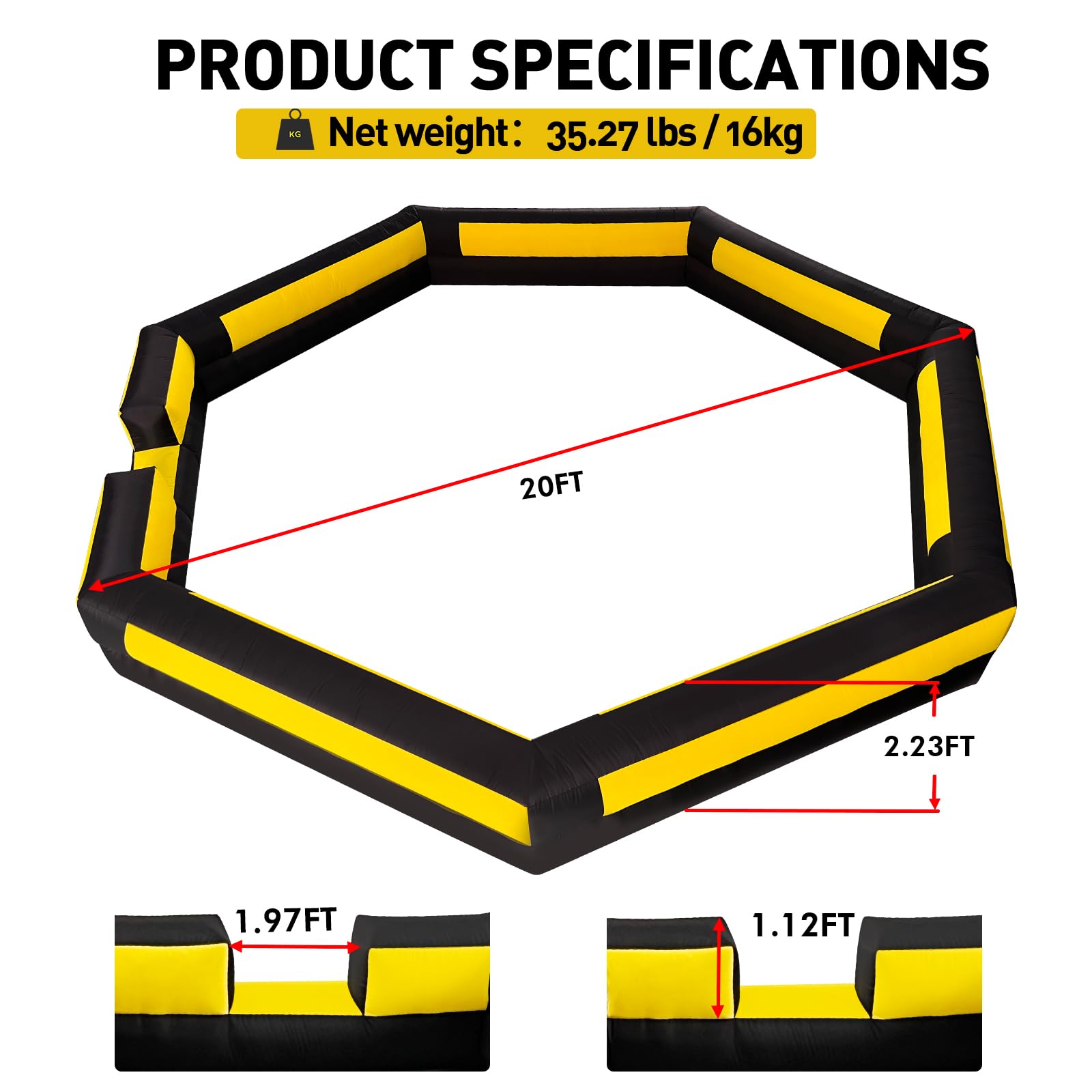 WARSUN Portable 20ft Gaga Ball Pit Inflatable Gaga ball Court-Yellow &Black