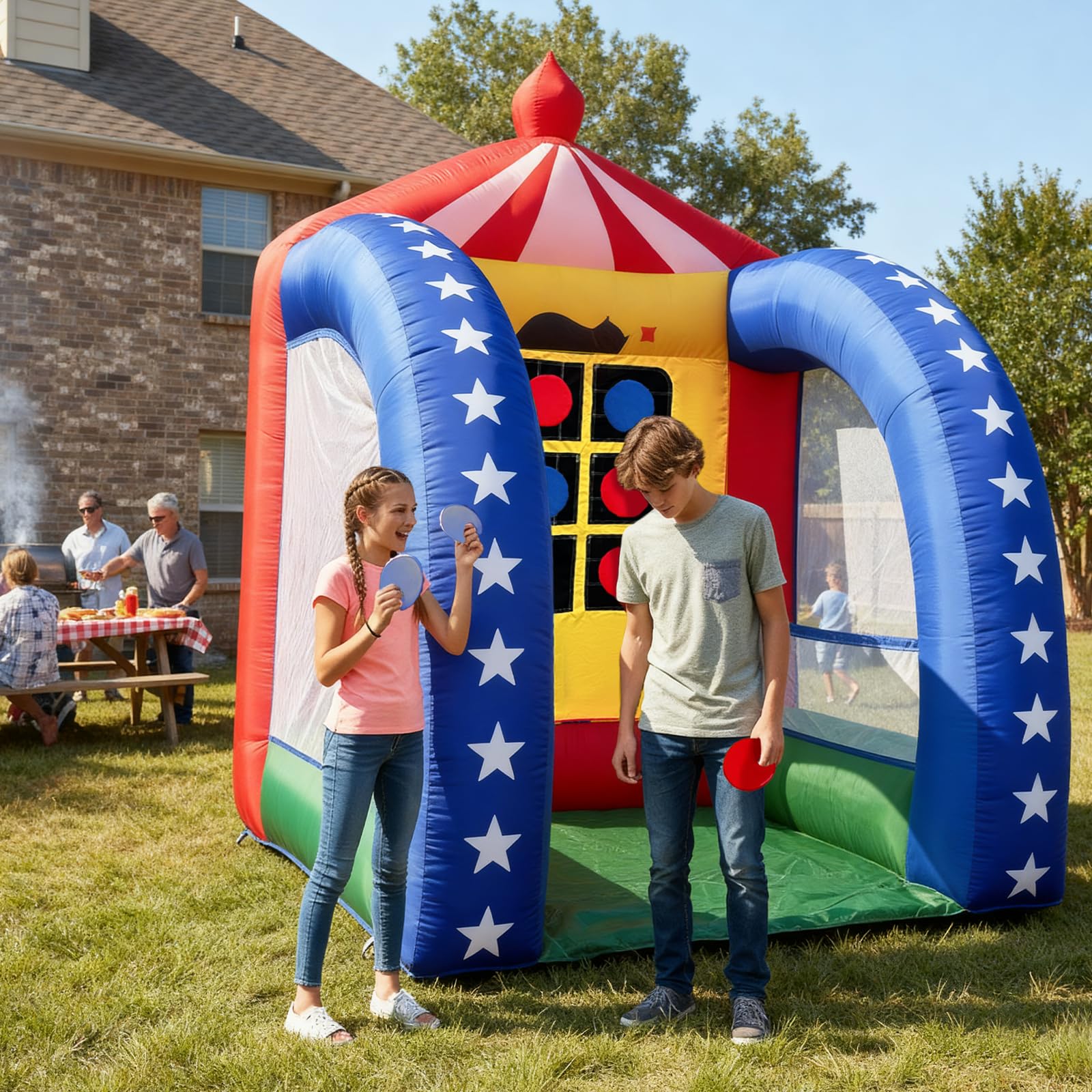 Inflatable Tic-Tac-Toe Game 6.5x6.5x9Ft with Discs and Blower for Parties Carnival and Family Fun