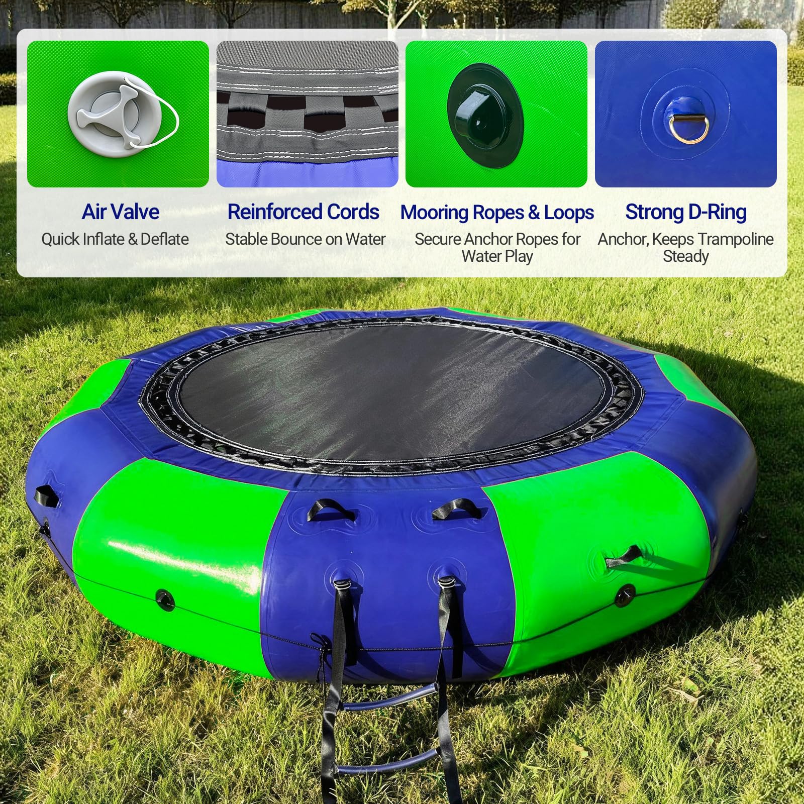 Inflatable Water Trampoline 10Ft Recreational Water Bouncer with Rope Ladder for Lake, Pools