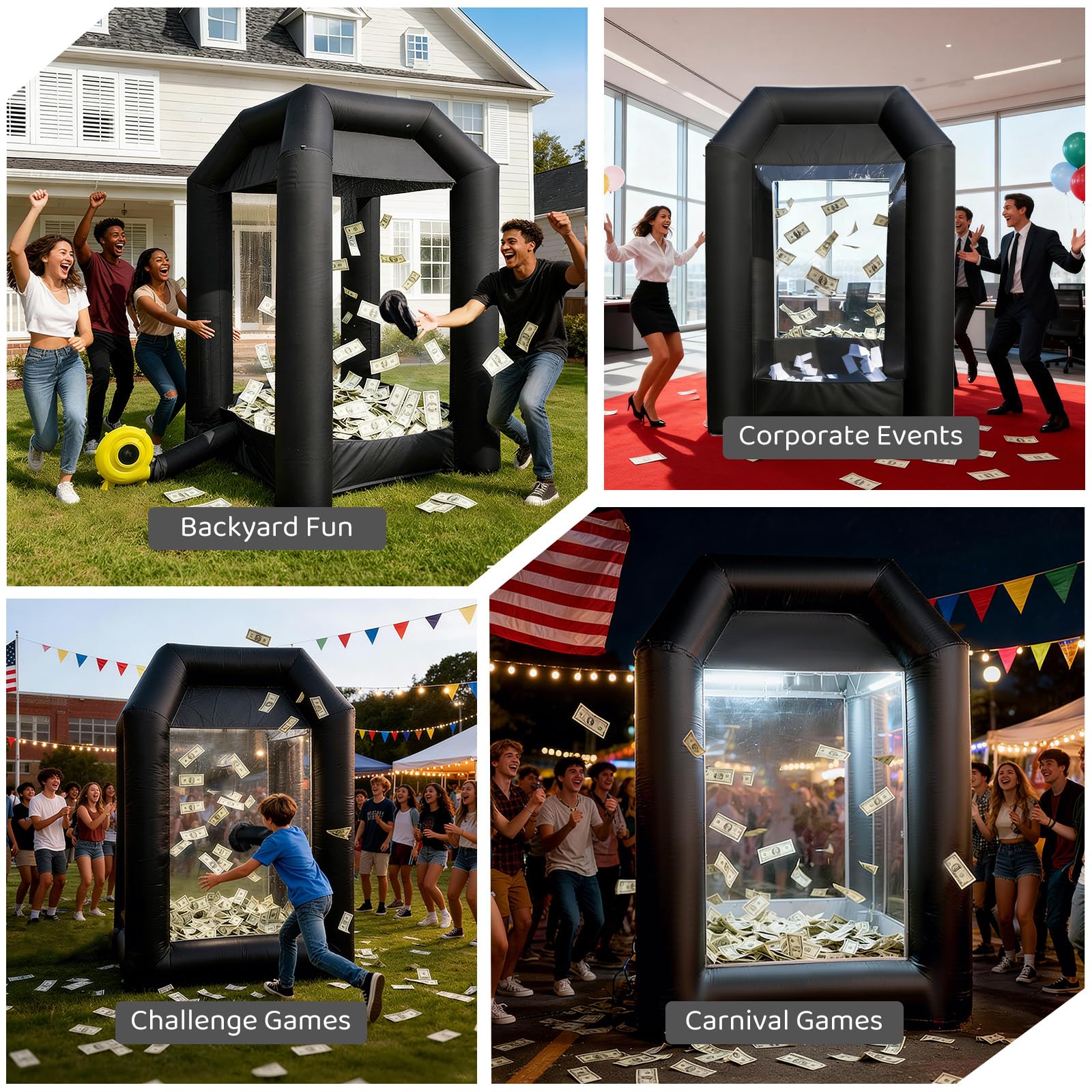 Inflatable Money Blowing Booth 5.2x5.2x8.2FT with 2 Blowers Cash Cube Game for Events