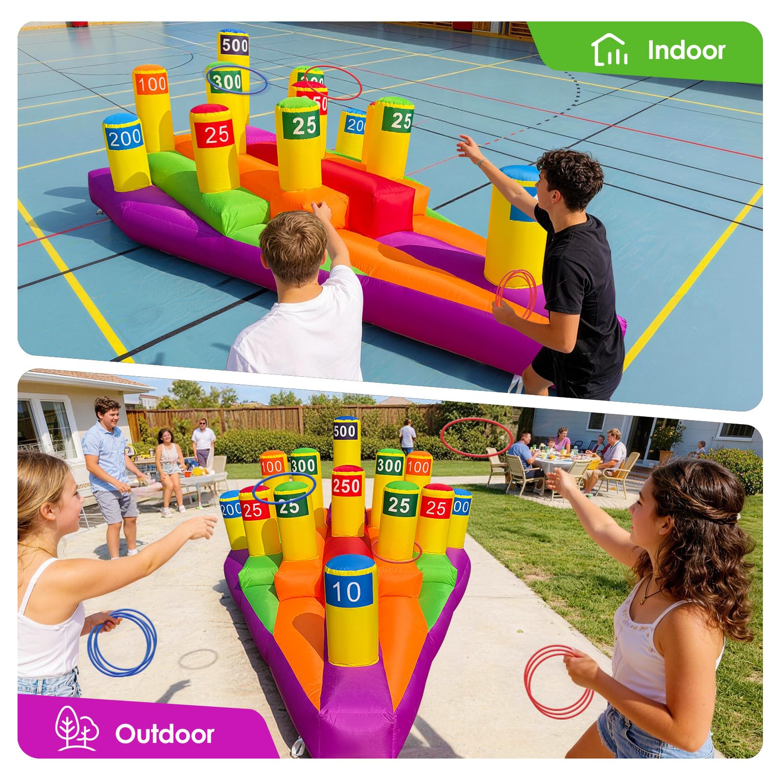 12-Peg Triangular Inflatable Ring Toss - Interactive Scoring Game with 10 Toss Rings
