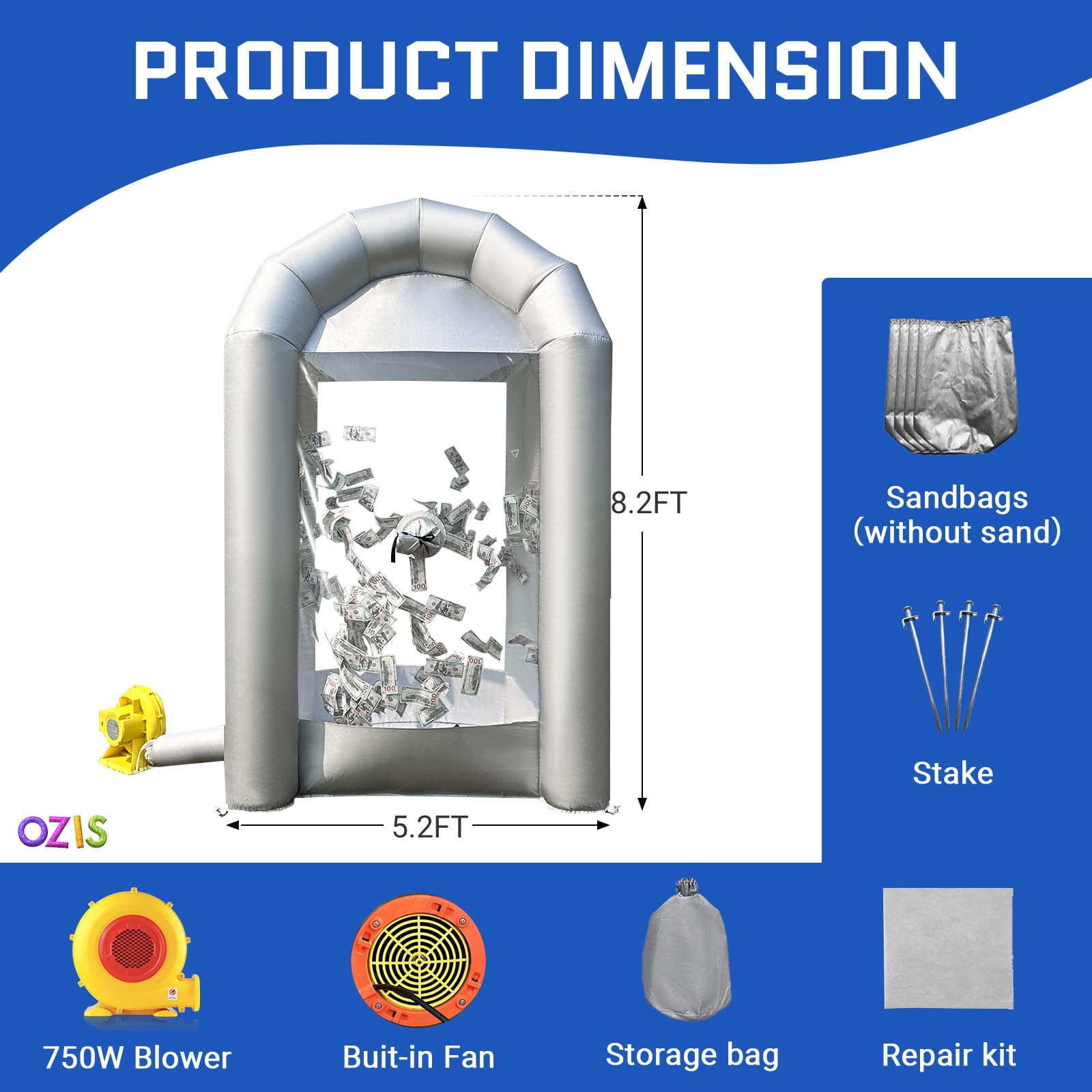 Inflatable Cash Cube Booth 5.2x5.2x8.2FT – Money Grab Machine with Blowers for Parties, Promotions & Events