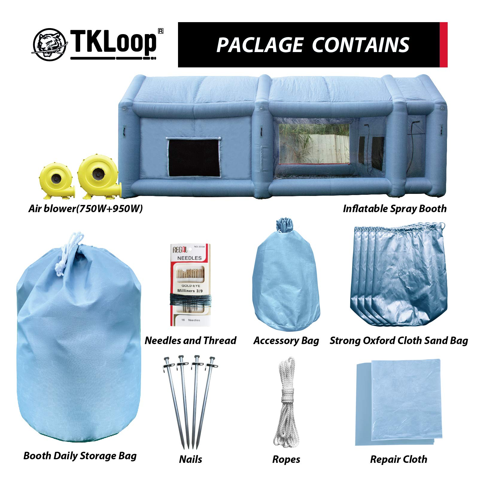TKLoop Portable Inflatable Paint Booth 26x15x10Ft with 2 Blowers Inflatable Spray Booth with Air Filter System, Blow Up Spray Booth Tent (950W+750W)