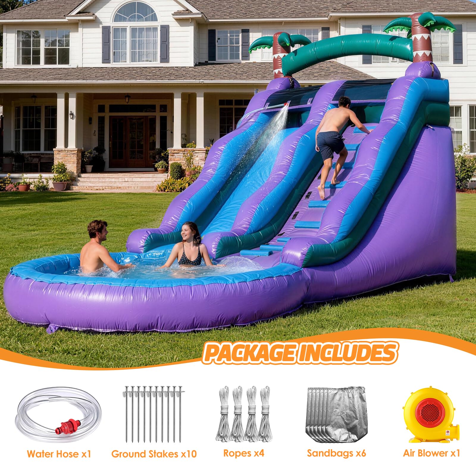 Inflatable Water Slide Purple Commercial Grade PVC with Detachable Slide Climbing Ladder and Pool, Giant Inflatable Wet Dry Use