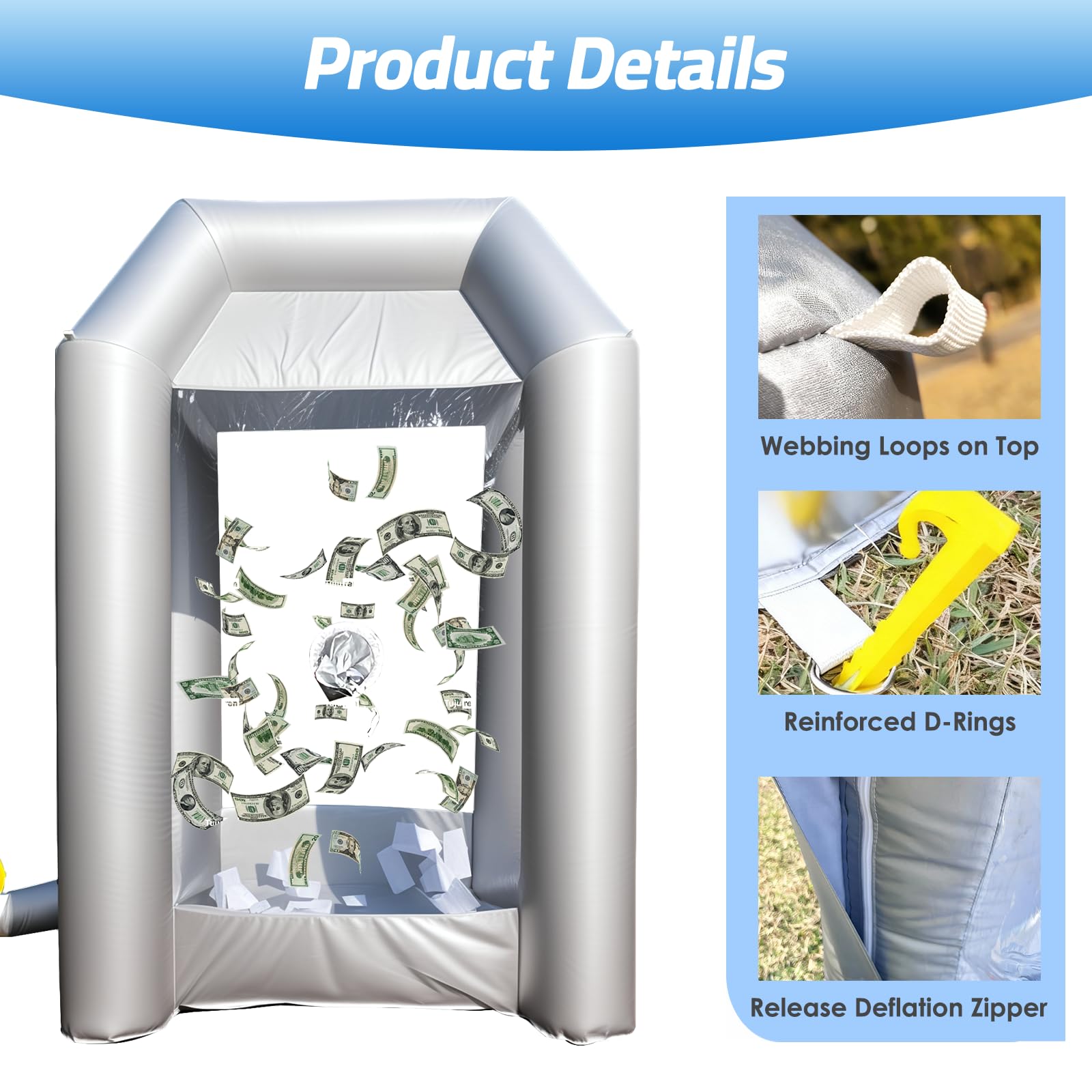 Inflatable Money Blowing Booth 5.2x5.2x8.2FT with 2 Blowers Cash Cube Game for Events