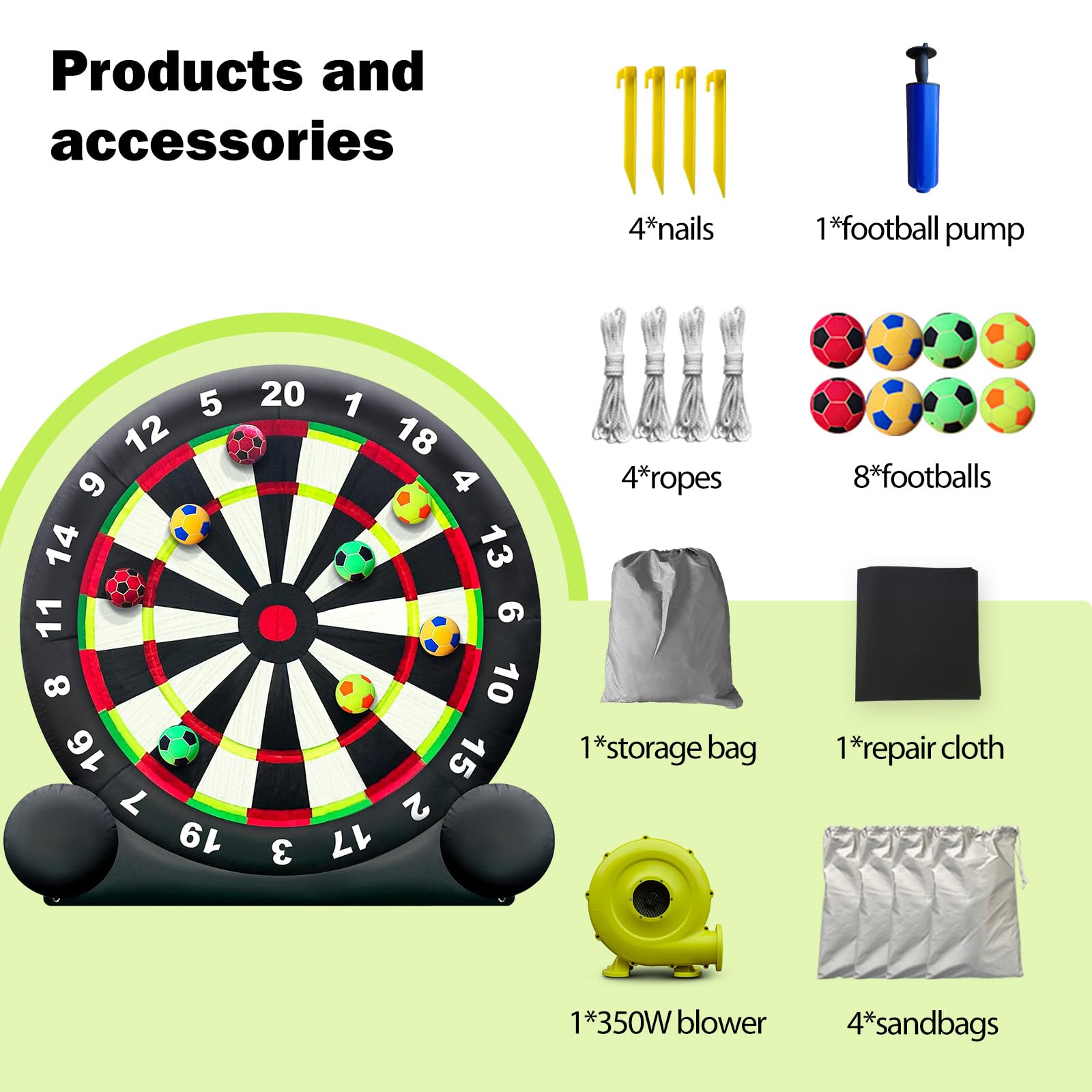 OZIS 10Ft Tall Giant Inflatable Soccer Ball Darts Board with 8pcs Soccer Ball & 350W Blower - Support Frame for Kick Dartboard Sport Game for Outdoor Backyard Active Play for Kids and Adults