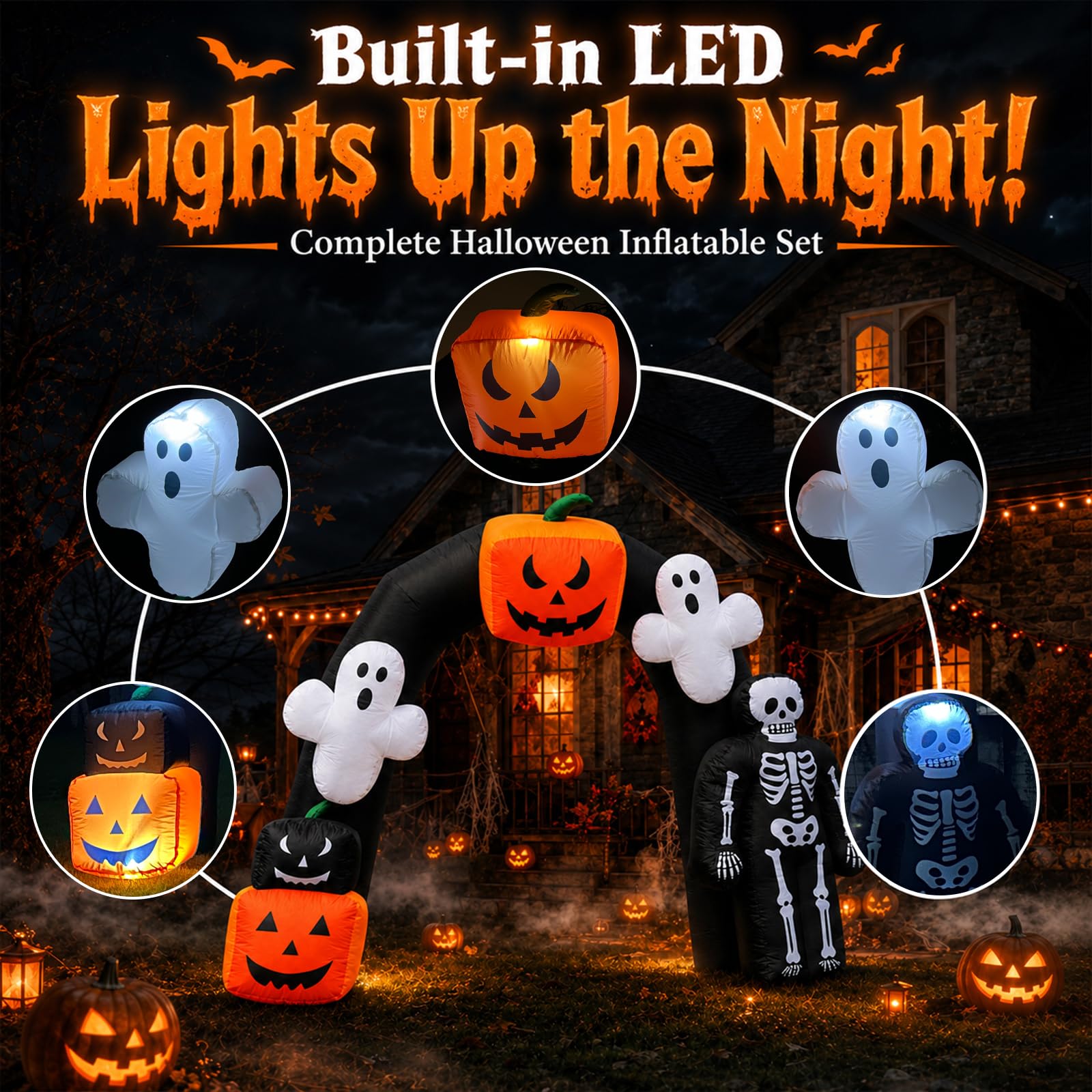 8FT Halloween Ghost Pumpkin Inflatable Arch with LED Lights, Outdoor Party & Yard Decoration