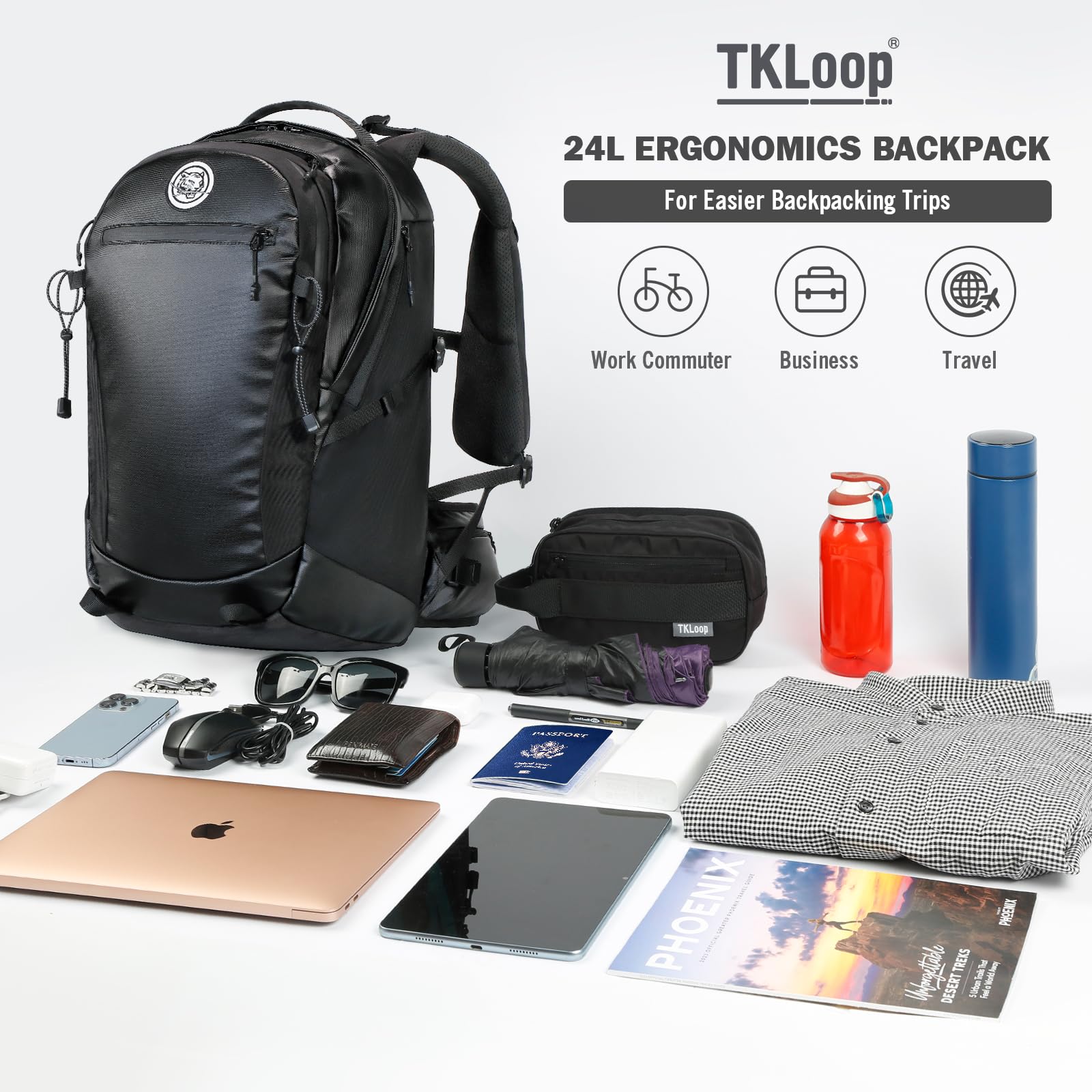 24L Travel Backpack with 17 Inch Laptop Sleeve Waterproof Daypack