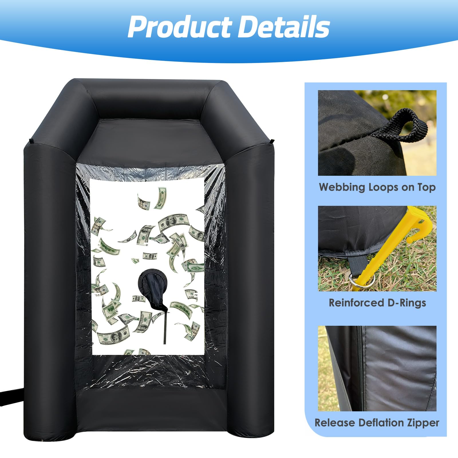 Inflatable Money Blowing Booth 5.2x5.2x8.2FT with 2 Blowers Cash Cube Game for Events