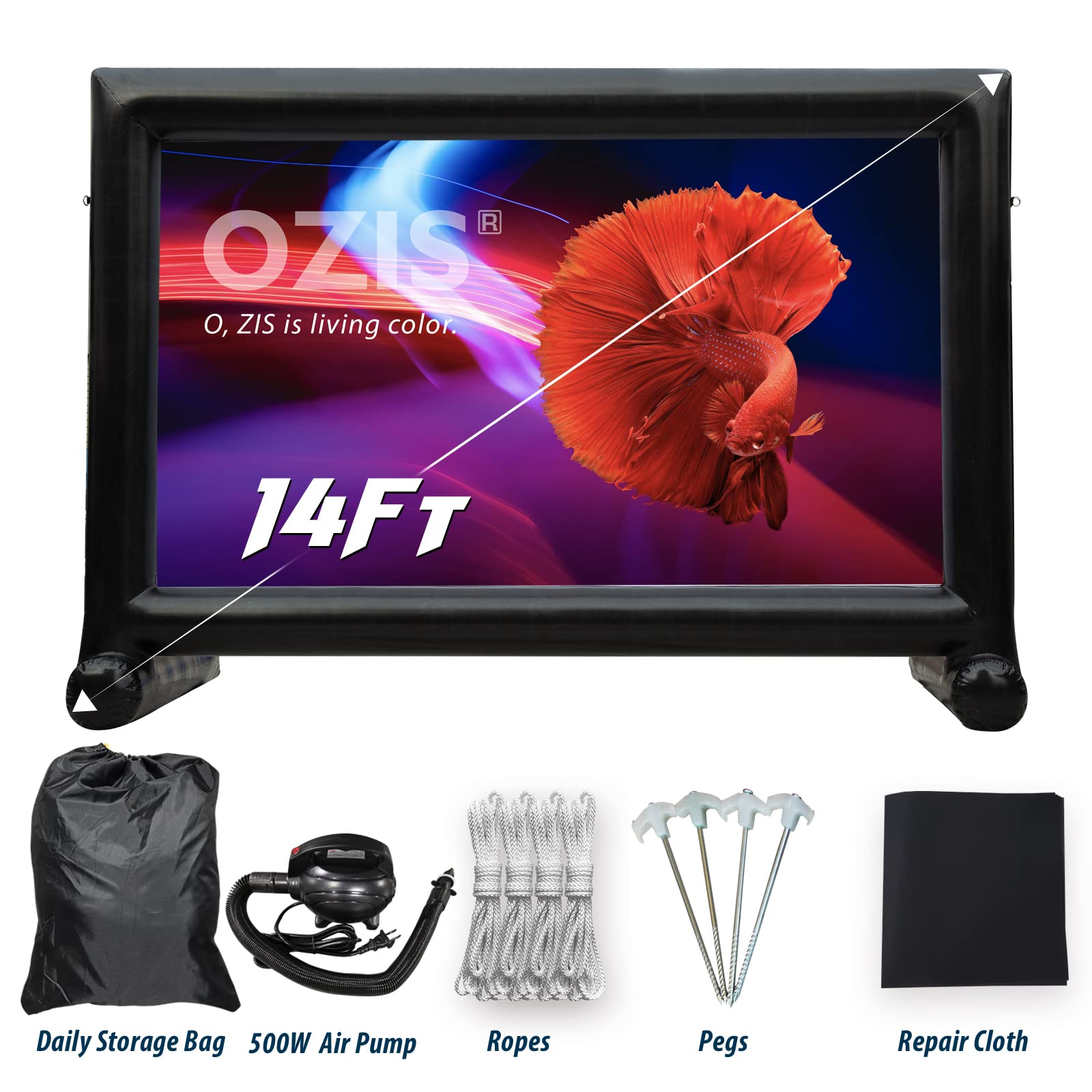 OZIS Upgrade Airtight Movie Screen 14Ft Outdoor Inflatable Movie Screen No Need Power Supply Continuous - Supports Front and Rear Projection