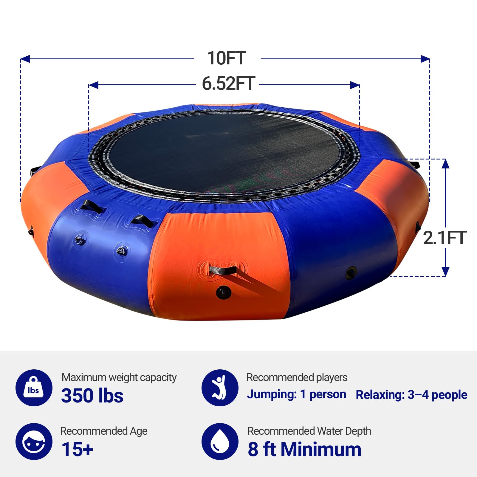 Inflatable Water Trampoline 10Ft Recreational Water Bouncer with Rope Ladder for Lake, Pools