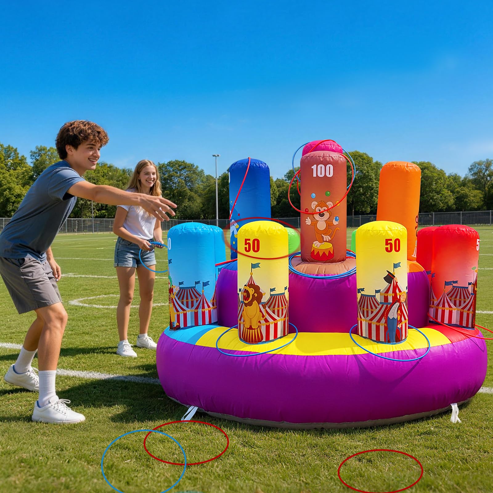 Inflatable Ring Toss Carnival Game 6.6x4.5Ft with Scoring Targets – Portable Party Game for Kids & Families