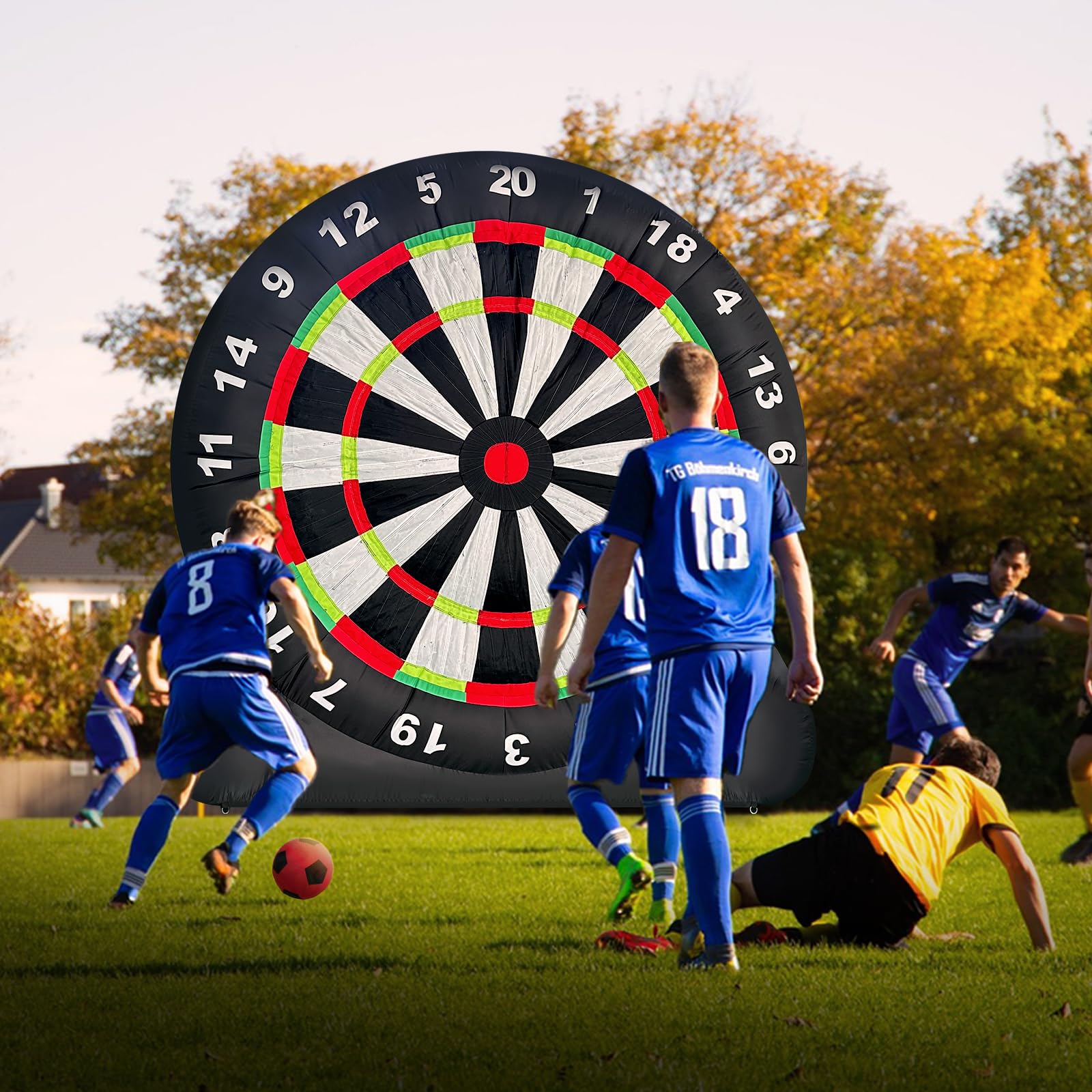 OZIS 10Ft Tall Giant Inflatable Soccer Ball Darts Board with 8pcs Soccer Ball & 350W Blower - Support Frame for Kick Dartboard Sport Game for Outdoor Backyard Active Play for Kids and Adults