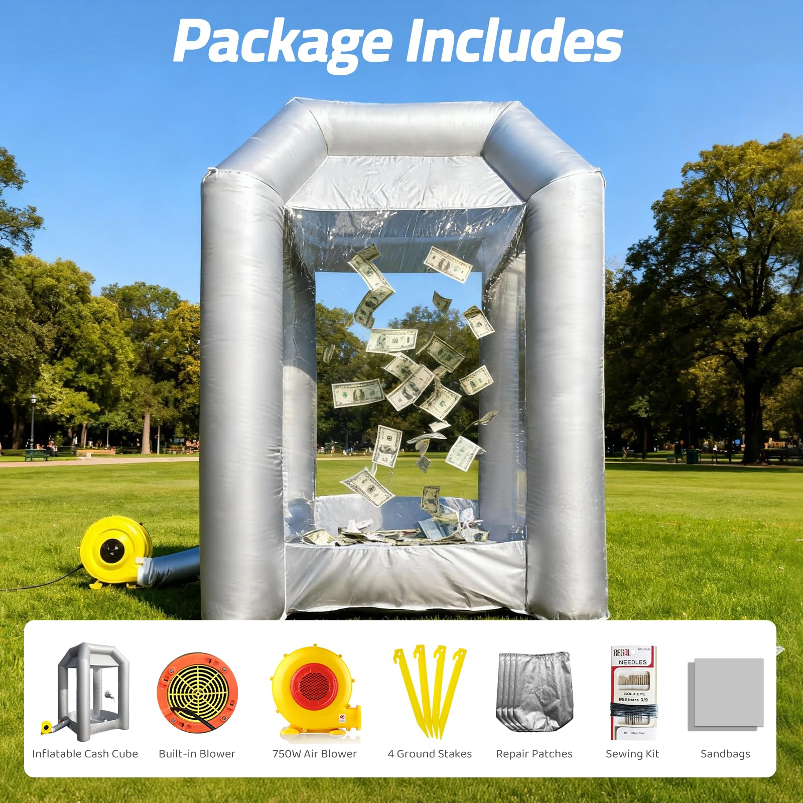 Inflatable Money Blowing Booth 5.2x5.2x8.2FT with 2 Blowers Cash Cube Game for Events