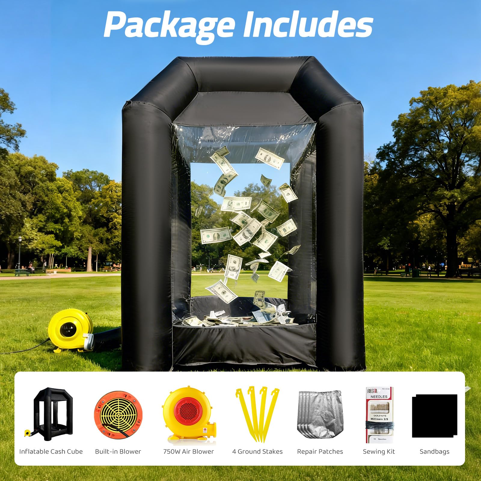Inflatable Money Blowing Booth 5.2x5.2x8.2FT with 2 Blowers Cash Cube Game for Events