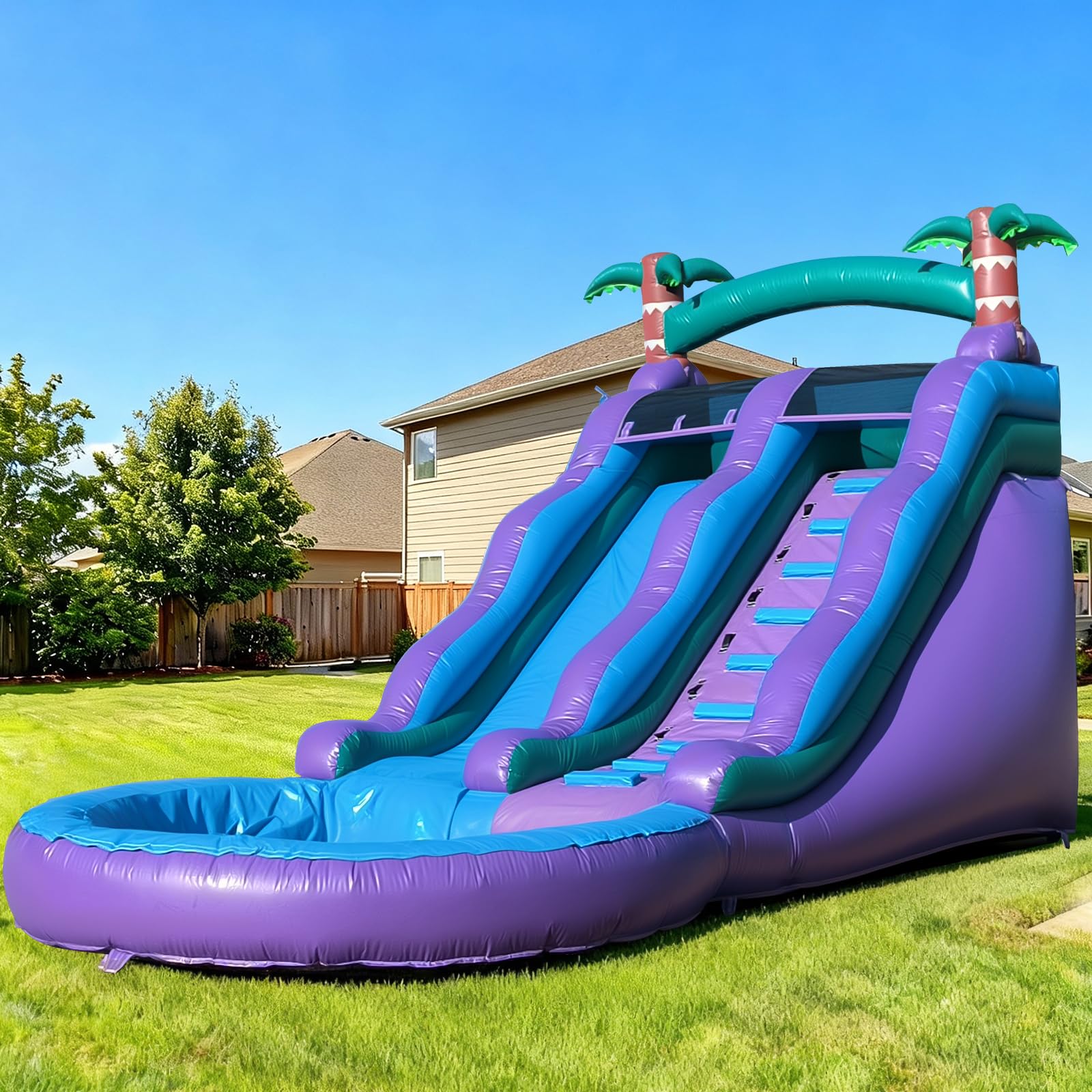 Inflatable Water Slide Purple Commercial Grade PVC with Detachable Slide Climbing Ladder and Pool, Giant Inflatable Wet Dry Use