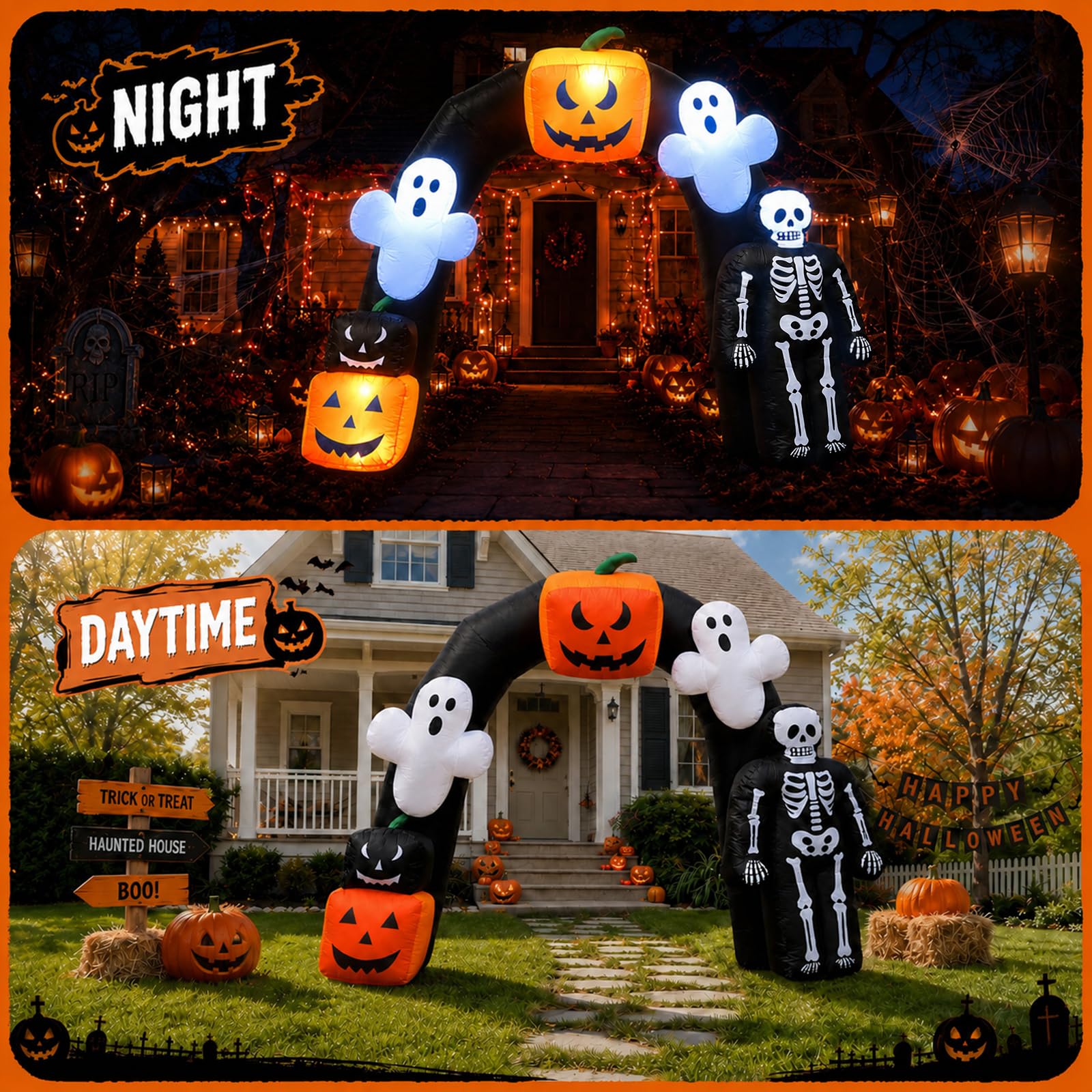 8FT Halloween Ghost Pumpkin Inflatable Arch with LED Lights, Outdoor Party & Yard Decoration